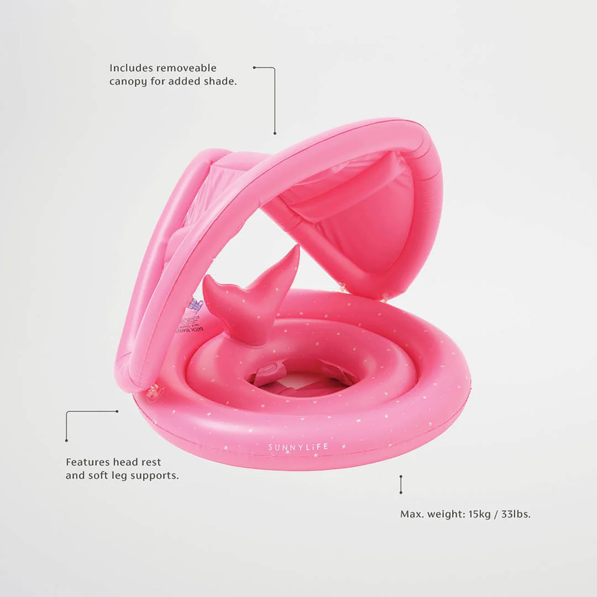  Sunnylife Sunnylife: Baby Float - Ocean Treasure - Pool & Water Inflatable Ring, Pink With Fish Tail, Removable Sun Cover Canopy, Leg Supports, Ages 1-2 Years - Multi - Bonton