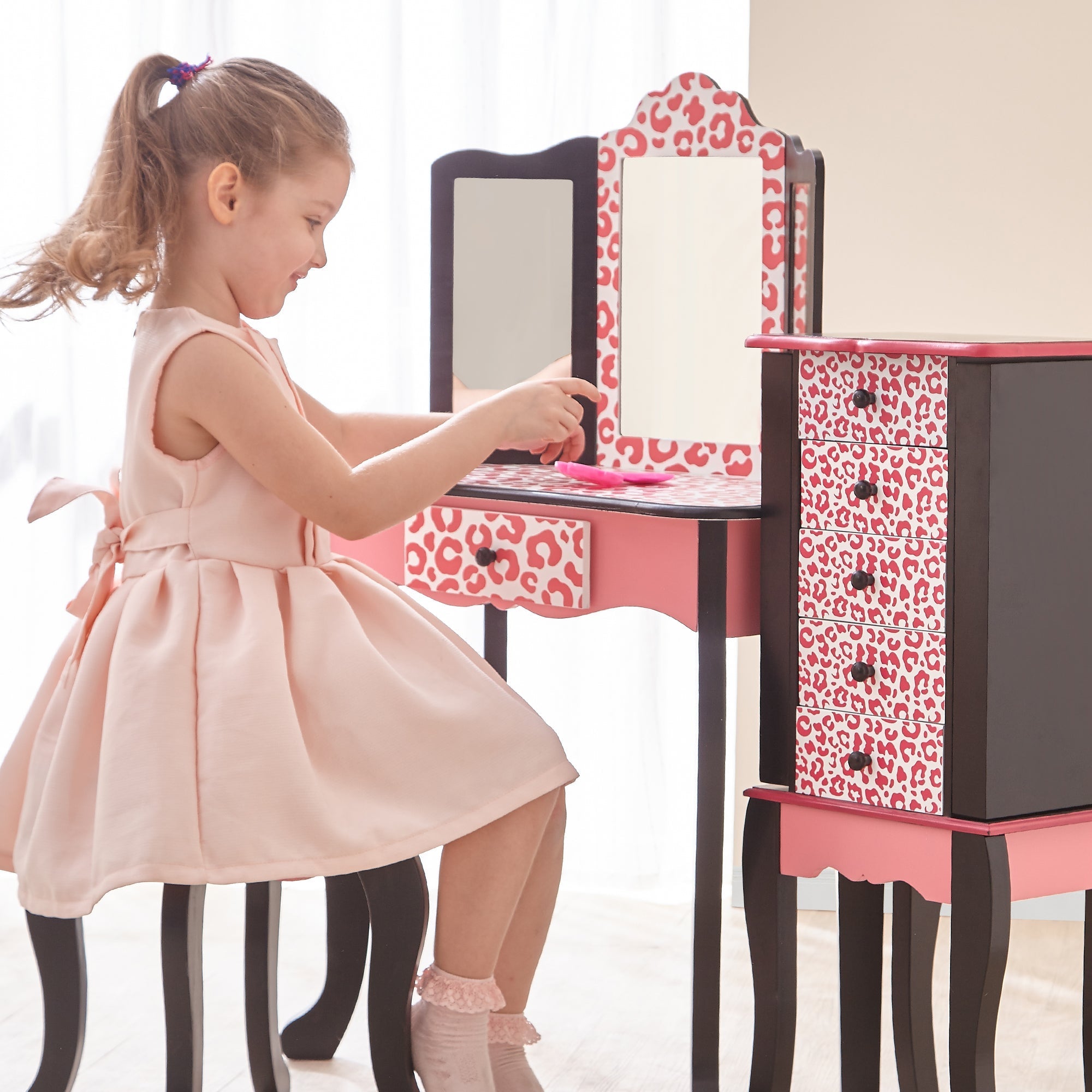  Teamson Kids Fantasy Fields - Fashion Leopard Prints Gisele Play Vanity Set - Pink / Black - Bonton