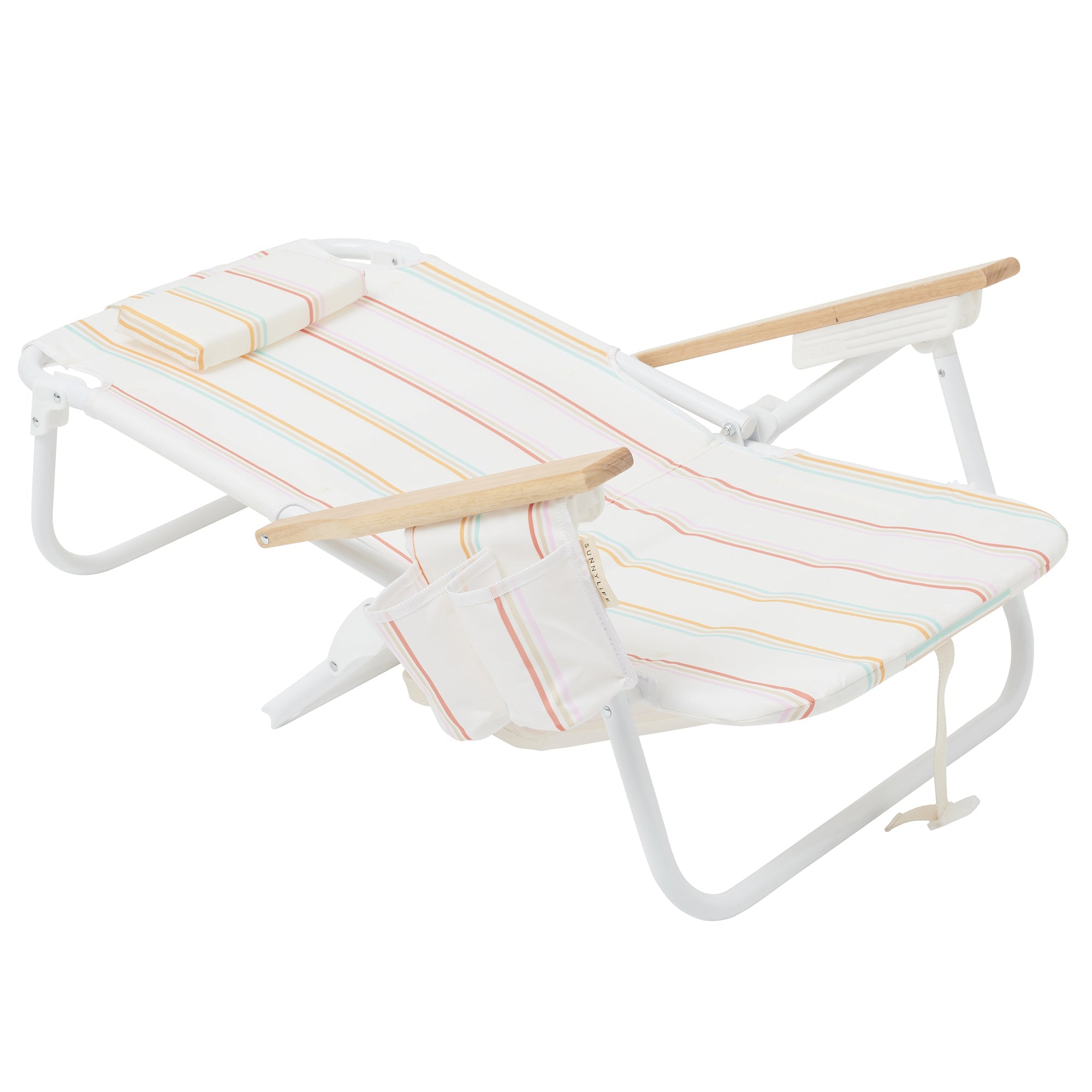  Sunnylife Sunnylife: Luxe Beach Chair - Rio Sun Multi Stripe - Cream Folding Outdoor Lounge Seating, Reclining, Wood Arm Rests, Drink Holders, Back Carry Straps - Multi - Bonton