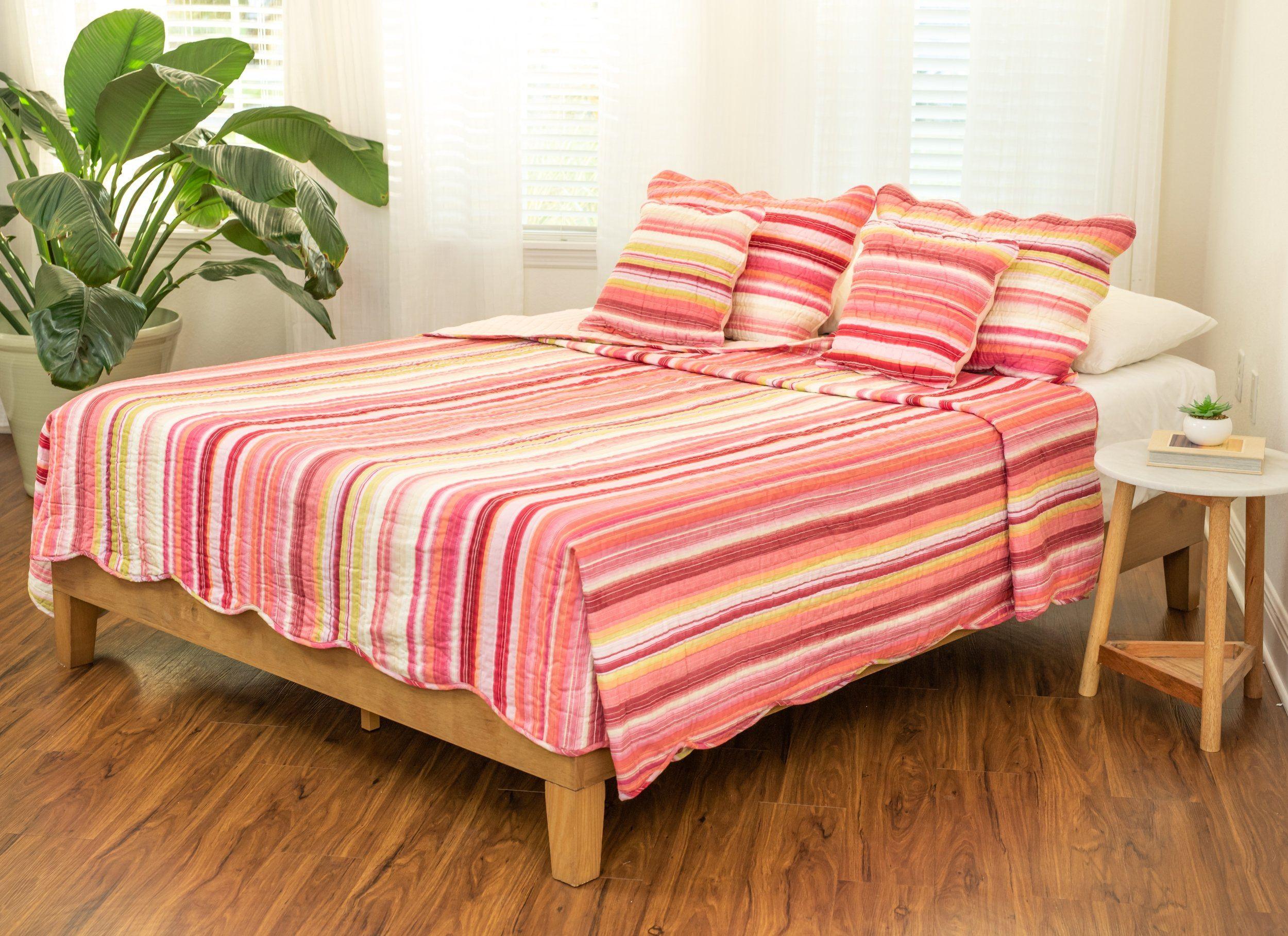  DaDa Bedding Collection DaDa Bedding Multi-Red Pink Boho Summer Stripes Scalloped Lightweight Coverlet Bedspread Set (DXJ101824) by DaDa Bedding Collection - Queen - Bonton