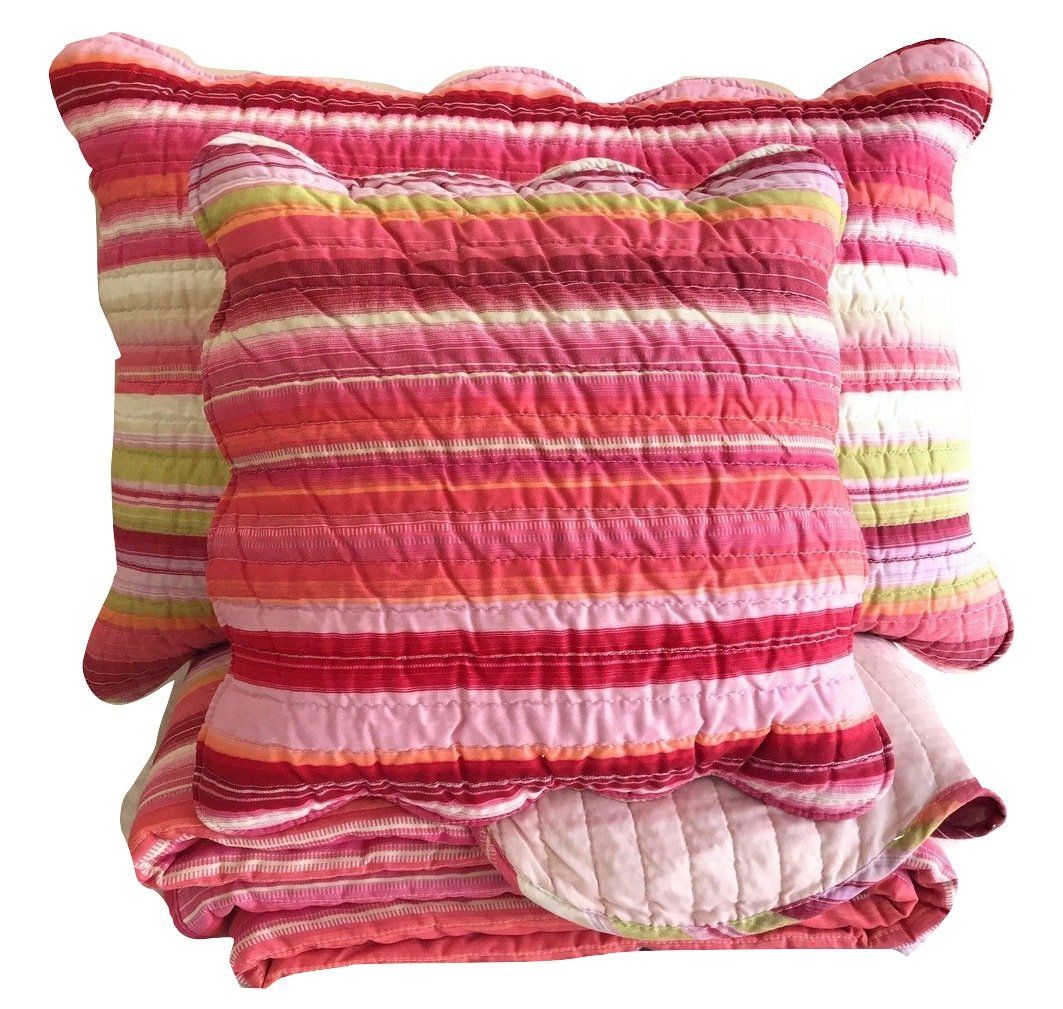  DaDa Bedding Collection DaDa Bedding Multi-Red Pink Boho Summer Stripes Scalloped Lightweight Coverlet Bedspread Set (DXJ101824) by DaDa Bedding Collection - Queen - Bonton