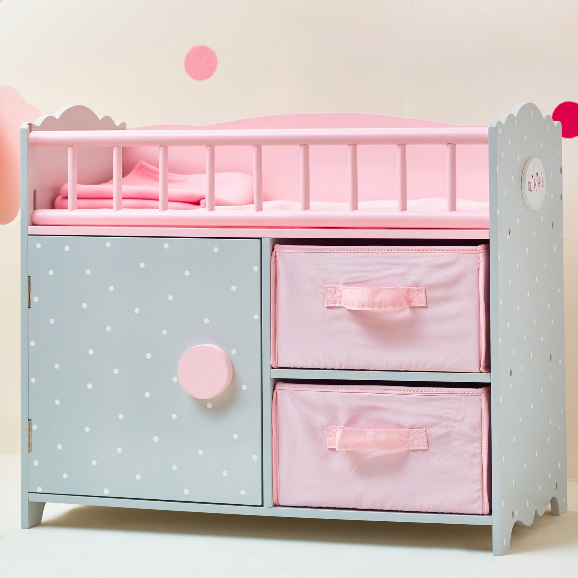  Teamson Kids Olivia's Little World - Polka Dots Princess Baby Doll Crib with Cabinet And Cubby - Pink/Grey - Bonton