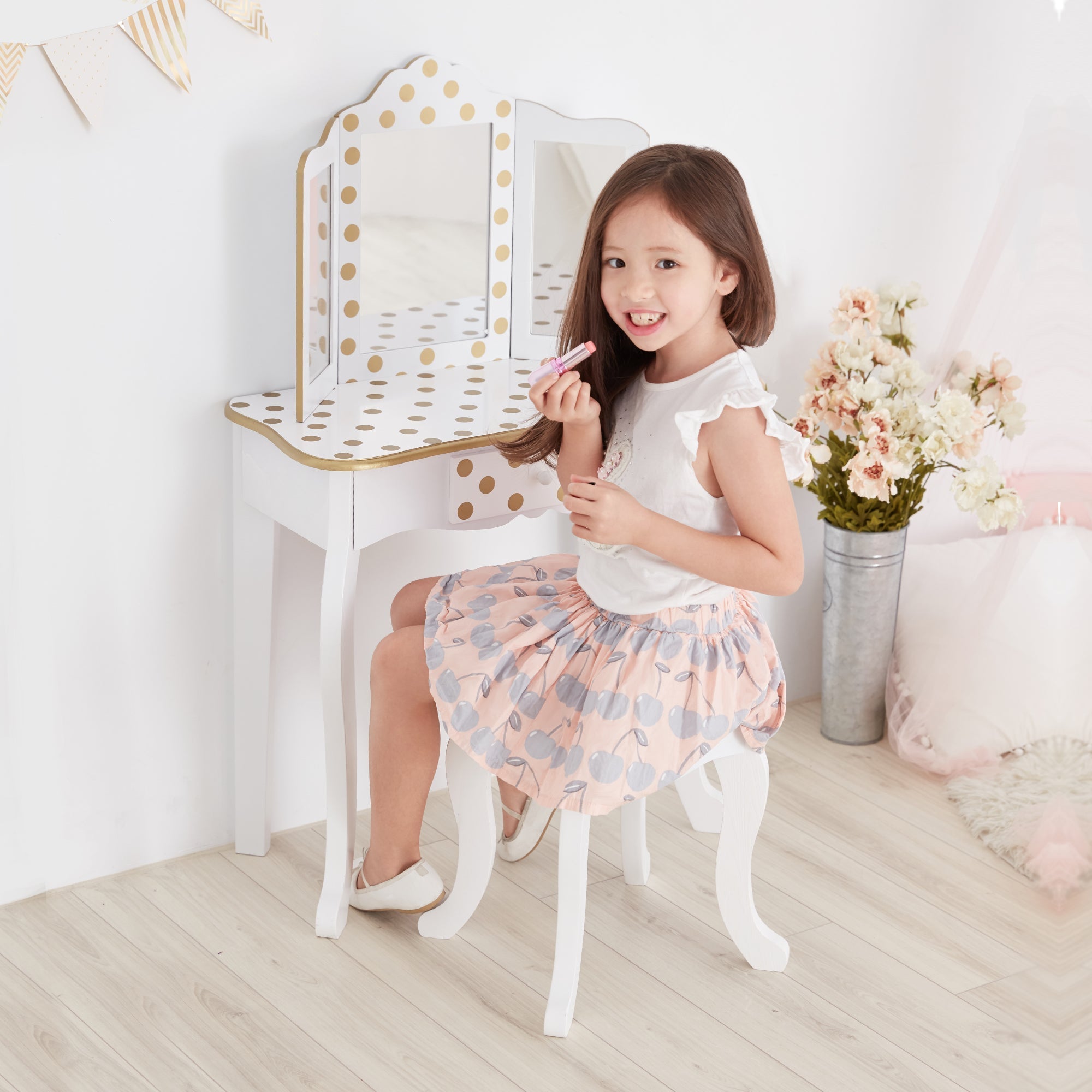  Teamson Kids Fantasy Fields - Fashion Polka Dot Prints Gisele Play Vanity Set - Pink / Gold - Bonton