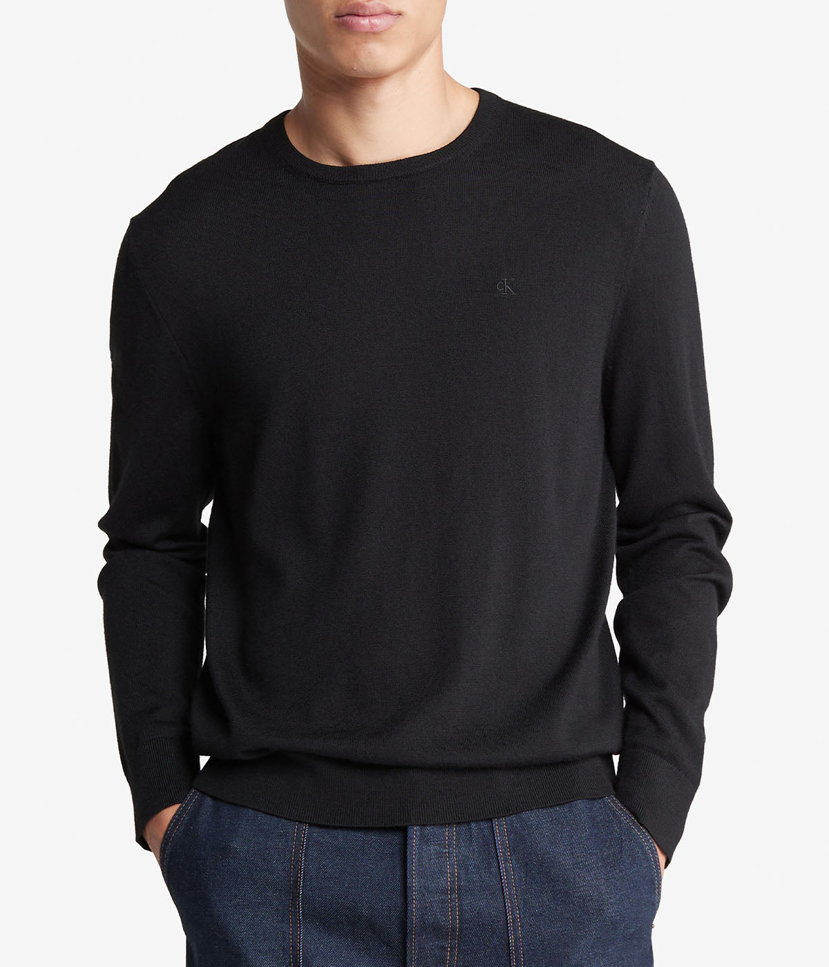  Calvin Klein Long Sleeve Solid Extrafine Merino Crew 14Gg Black - Black - Bonton