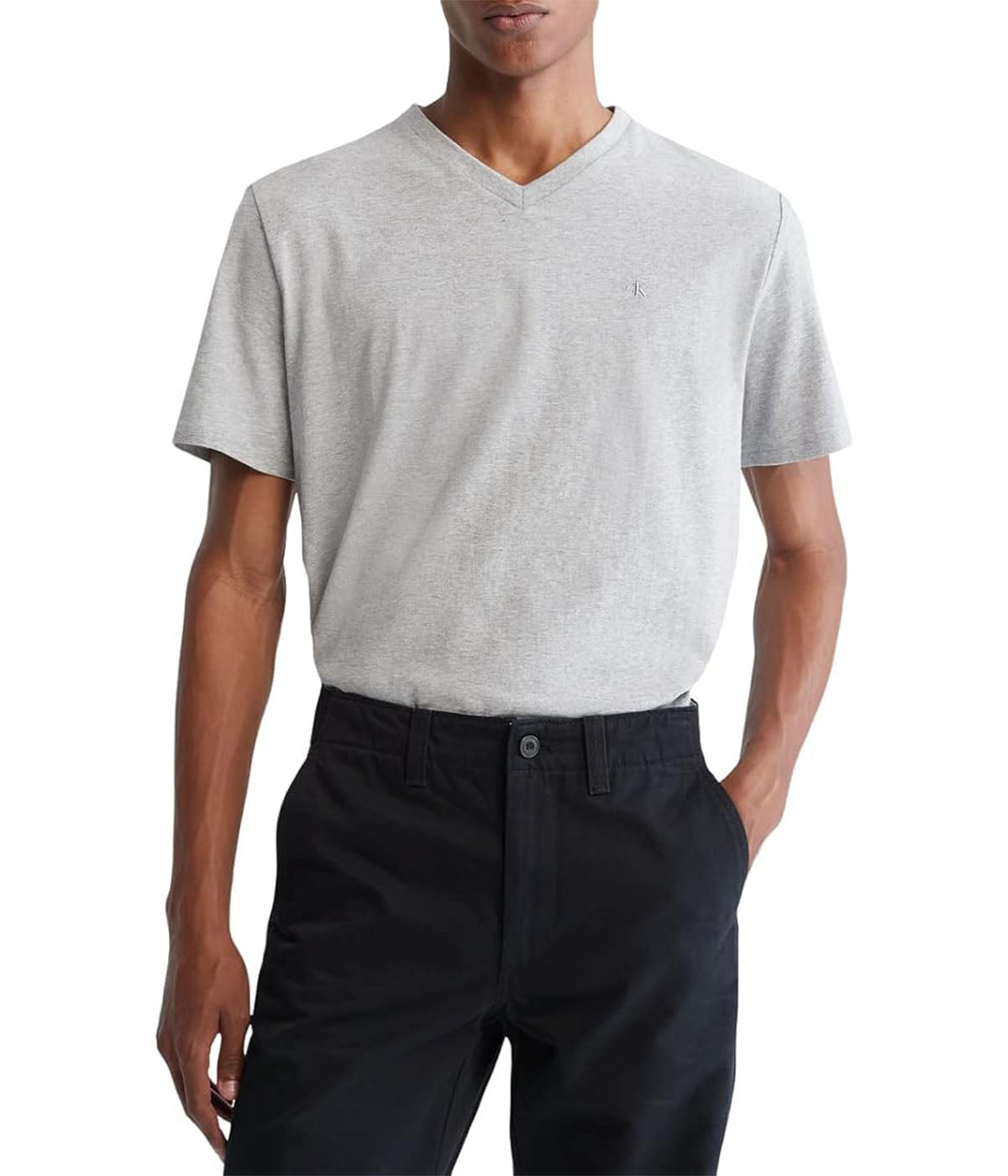  Calvin Klein Short Sleeves Smooth Solid V-Neck Tee - Heroic Grey Heather - Bonton