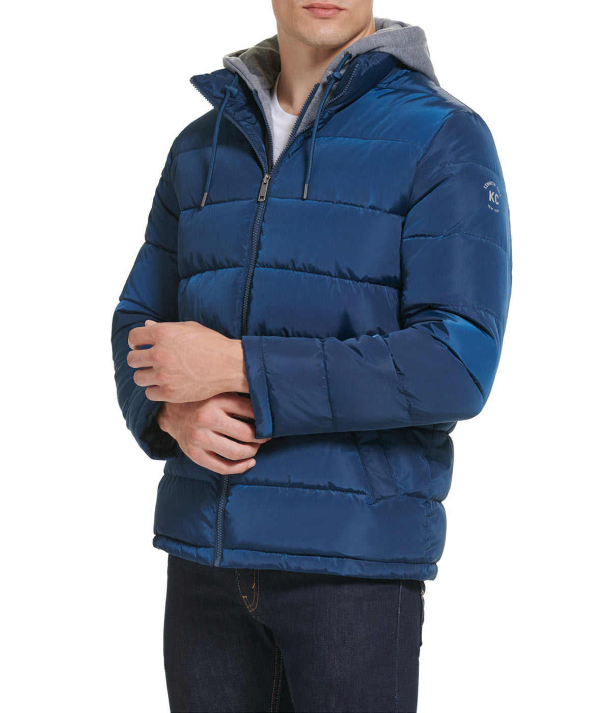  Kenneth Cole Hooded Faux Memory CF Puffer With Jersey Bib and Hood - Marine - Bonton