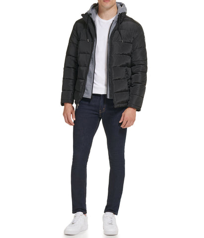 Hooded Faux Memory CF Puffer With Jersey Bib and Hood