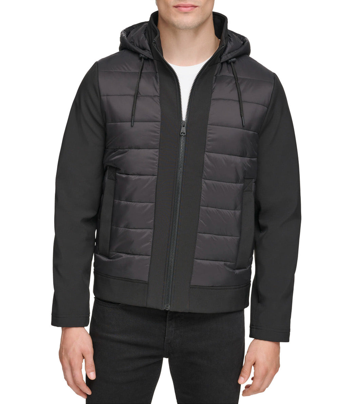  Kenneth Cole Mixed Media Hooded Soft Shell Bomber - Black - Bonton