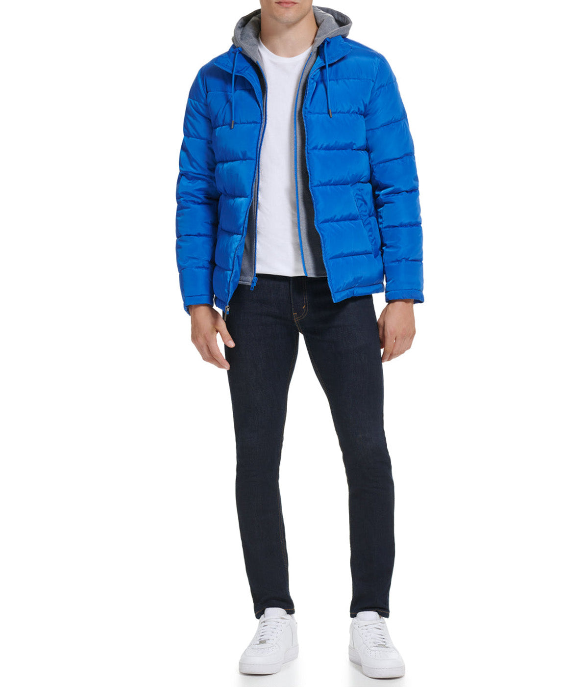  Kenneth Cole Hooded Faux Memory CF Puffer With Jersey Bib and Hood - Tidal Blue - Bonton