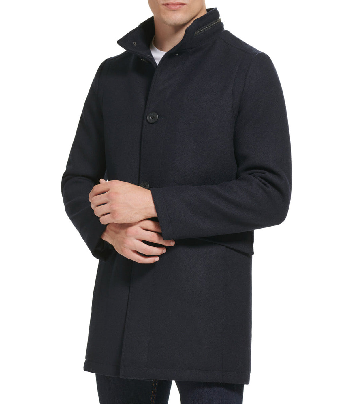  Kenneth Cole SB Stand Collar Melton Wool Coat With Double Pocket - Navy - Bonton