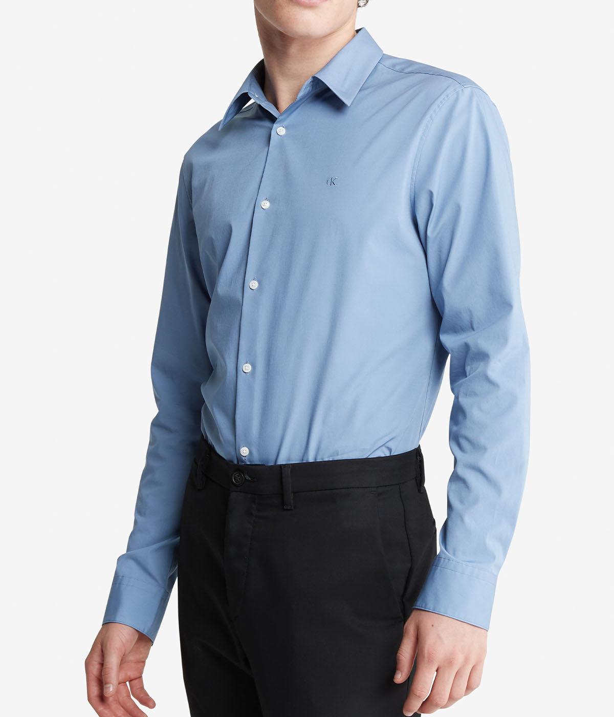  Calvin Klein Long Sleeve Solid Stretch Slim Woven Shirt Blue - Blue - Bonton