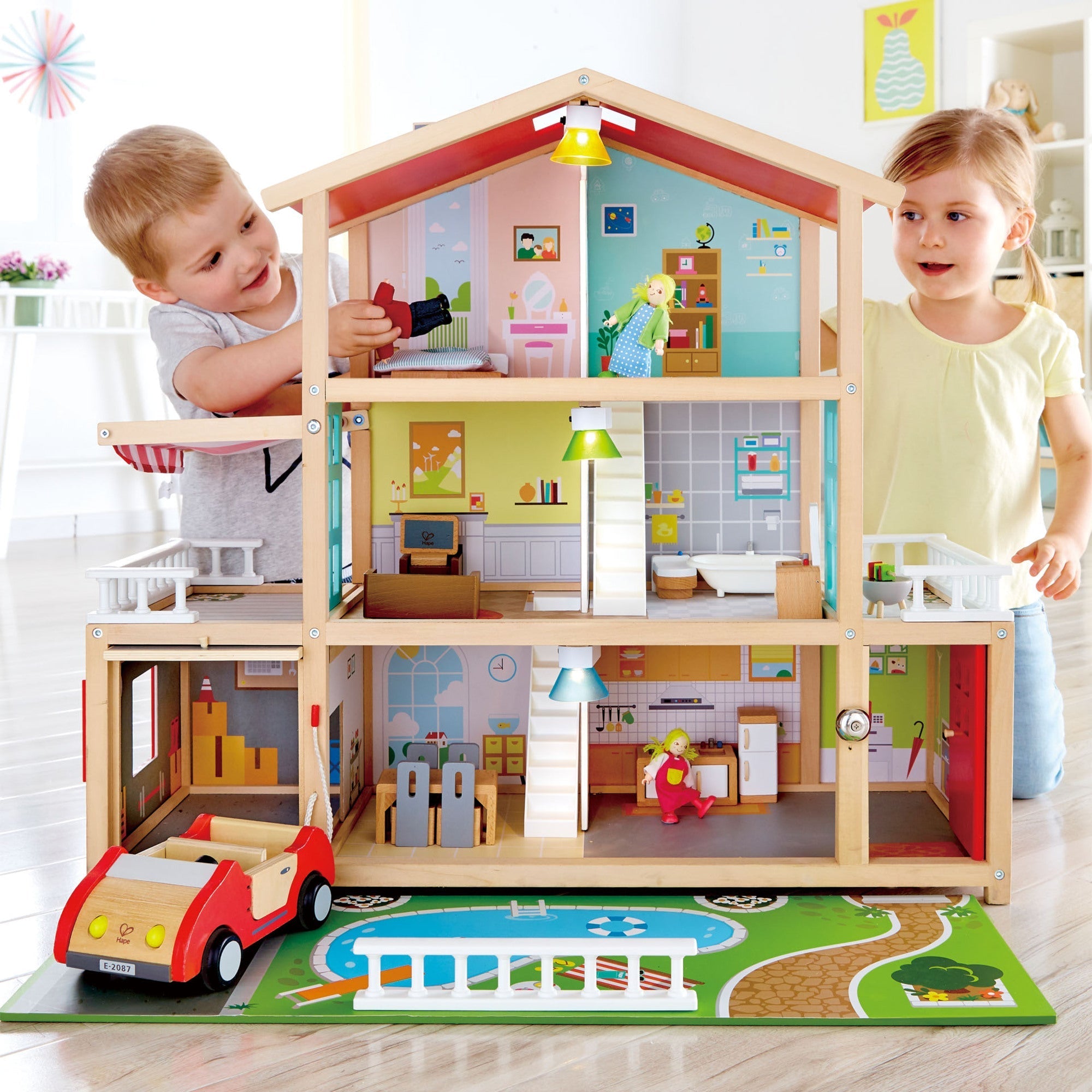  Hape Hape Doll Family Mansion Wooden Dollhouse W/ LED Lights - Multi - Bonton