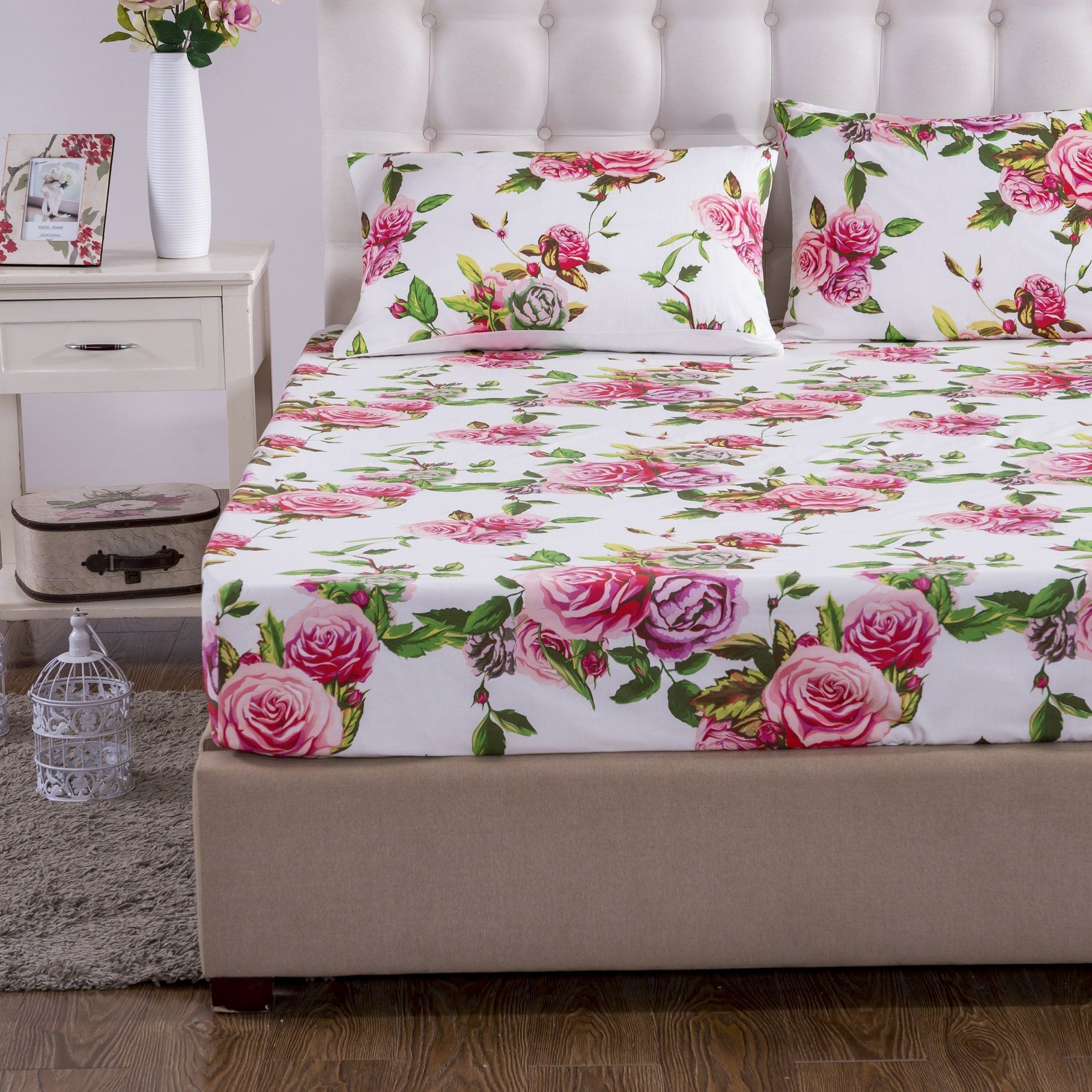  DaDa Bedding Collection DaDa Bedding Romantic Roses Lovely Spring Pink Floral Fitted Bed Sheet w/ Pillow Cases (JHW879-Fitted) by DaDa Bedding Collection - Twin - Bonton