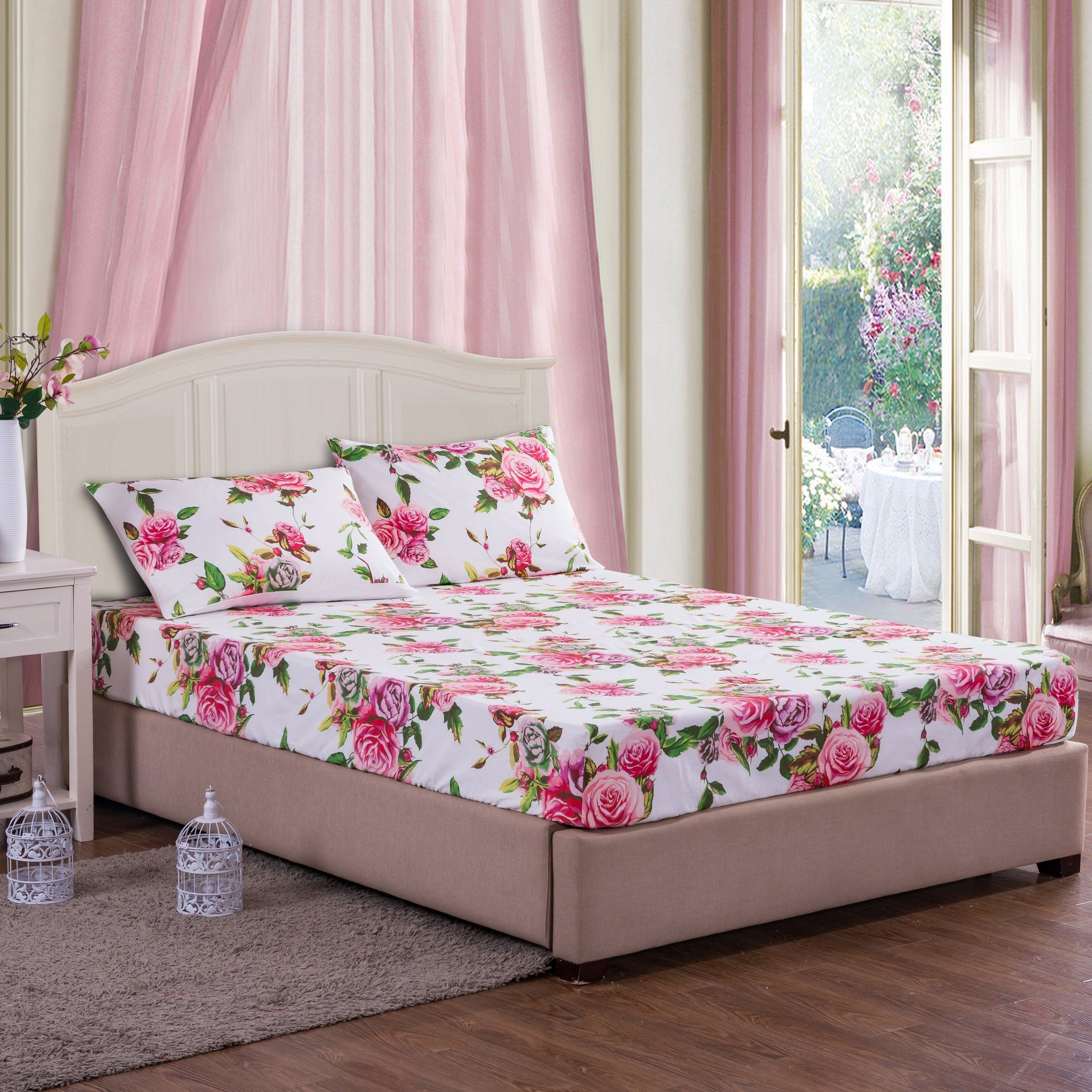  DaDa Bedding Collection DaDa Bedding Romantic Roses Lovely Spring Pink Floral Fitted Bed Sheet w/ Pillow Cases (JHW879-Fitted) by DaDa Bedding Collection - Twin - Bonton