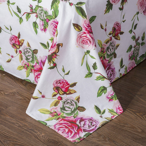 DaDa Bedding Romantic Roses Lovely Spring Pink Floral Garden Fitted & Flat Bed Sheet Set w/ Pillow Cases (JHW879) - DaDa Bedding Collection