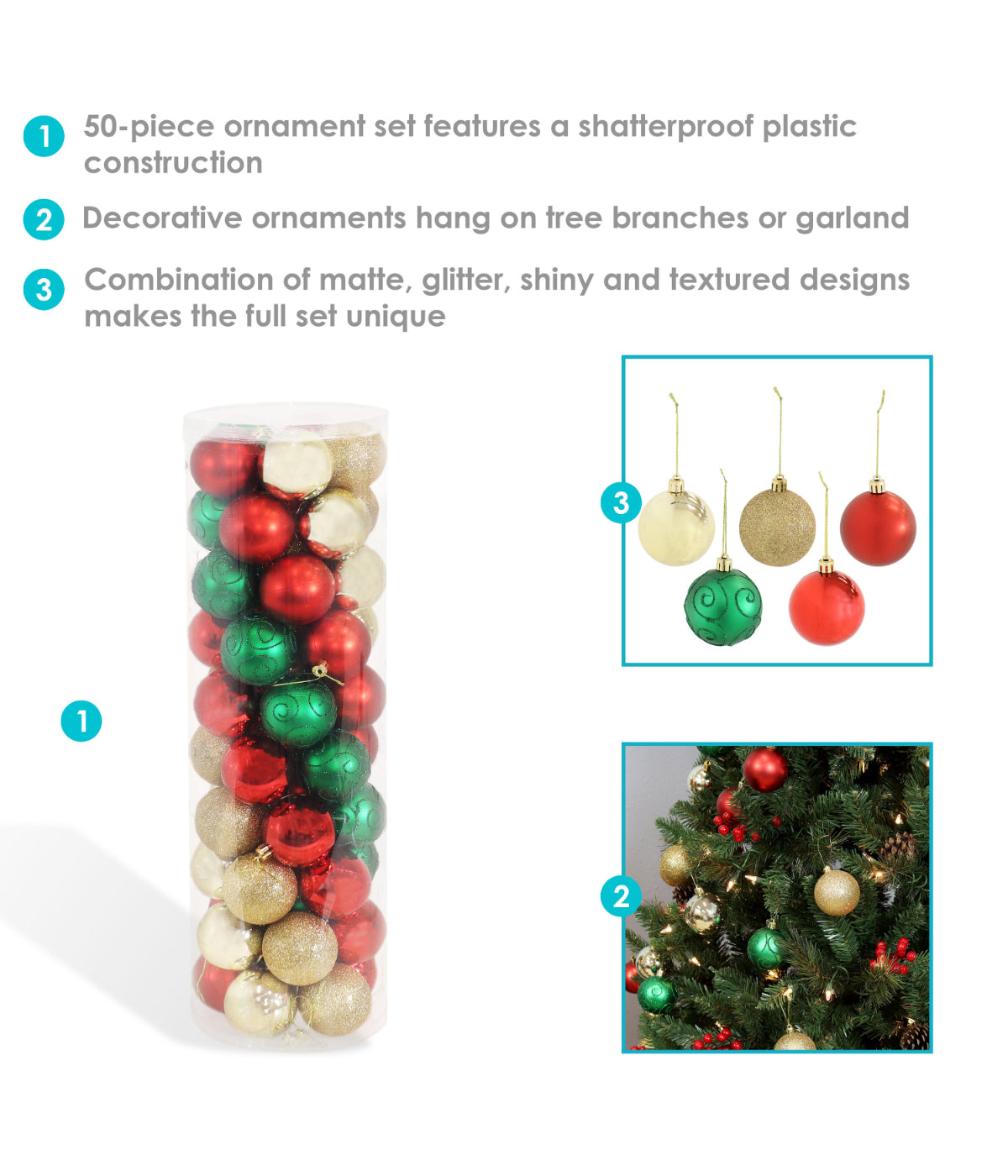  Sunnydaze Decor Holly Jolly Assorted Shatterproof Plastic Christmas Ball Ornament Kit, 50 Count - Red - Bonton