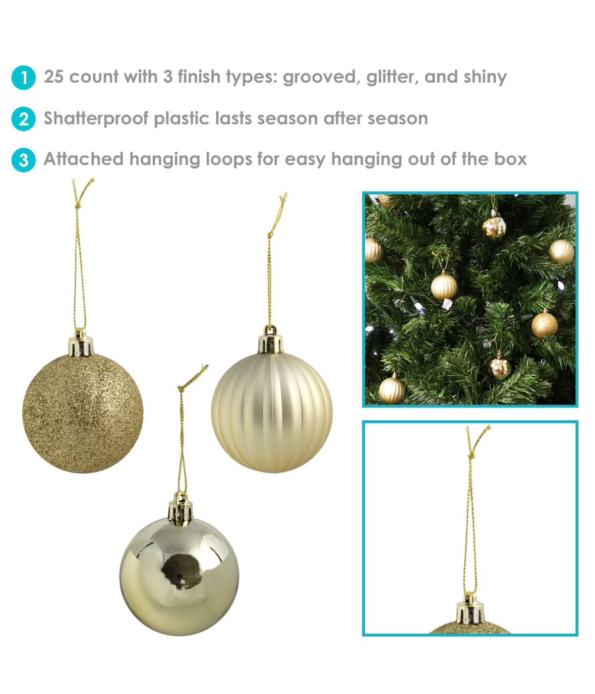  Sunnydaze Decor Bauble Ball Christmas Tree Shatterproof Ornaments with Hooks, 25 Piece Set - Gold - Bonton