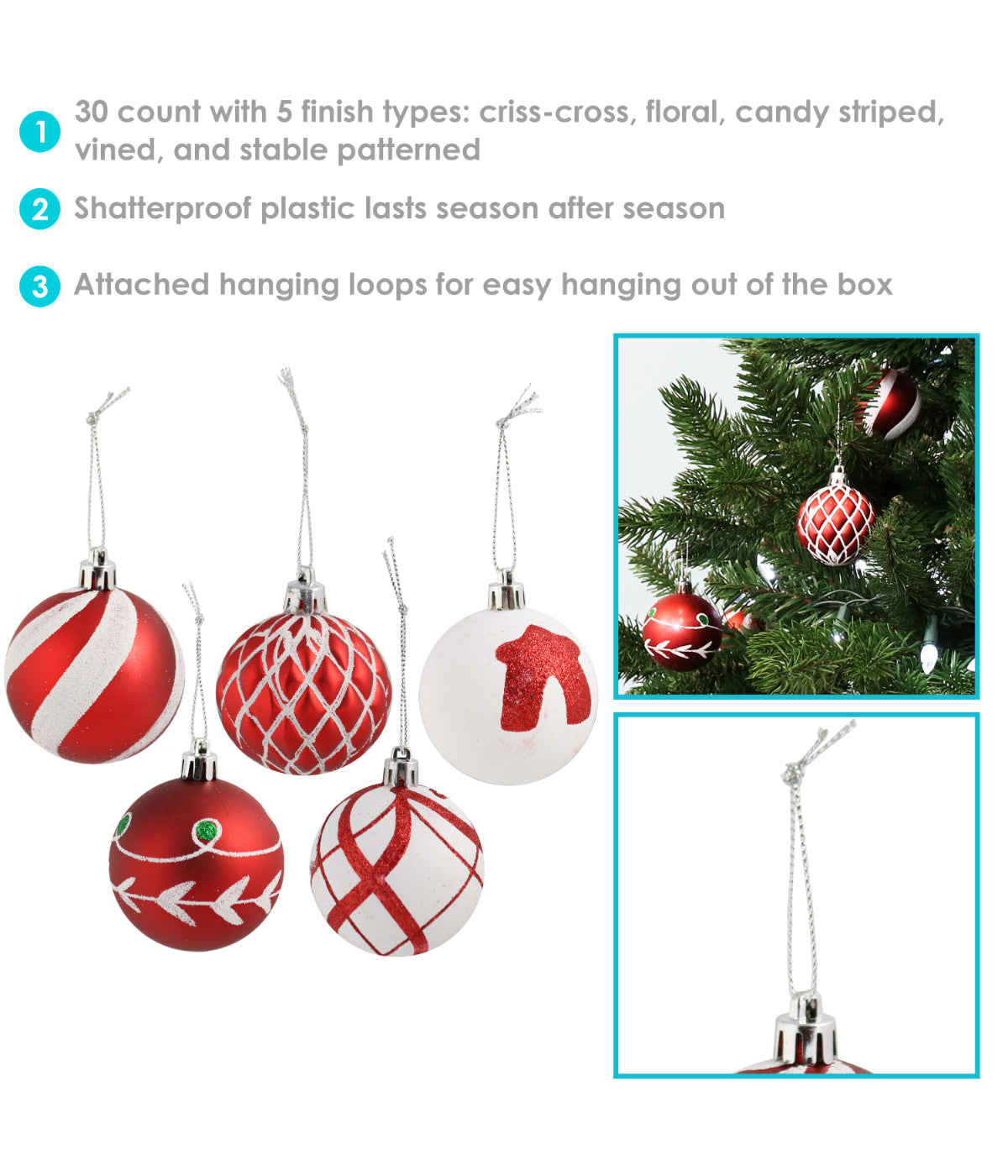  Sunnydaze Decor Glitter Ball Christmas Tree Shatterproof Ornaments with Hooks, 30 Piece Set - Red & White - Bonton