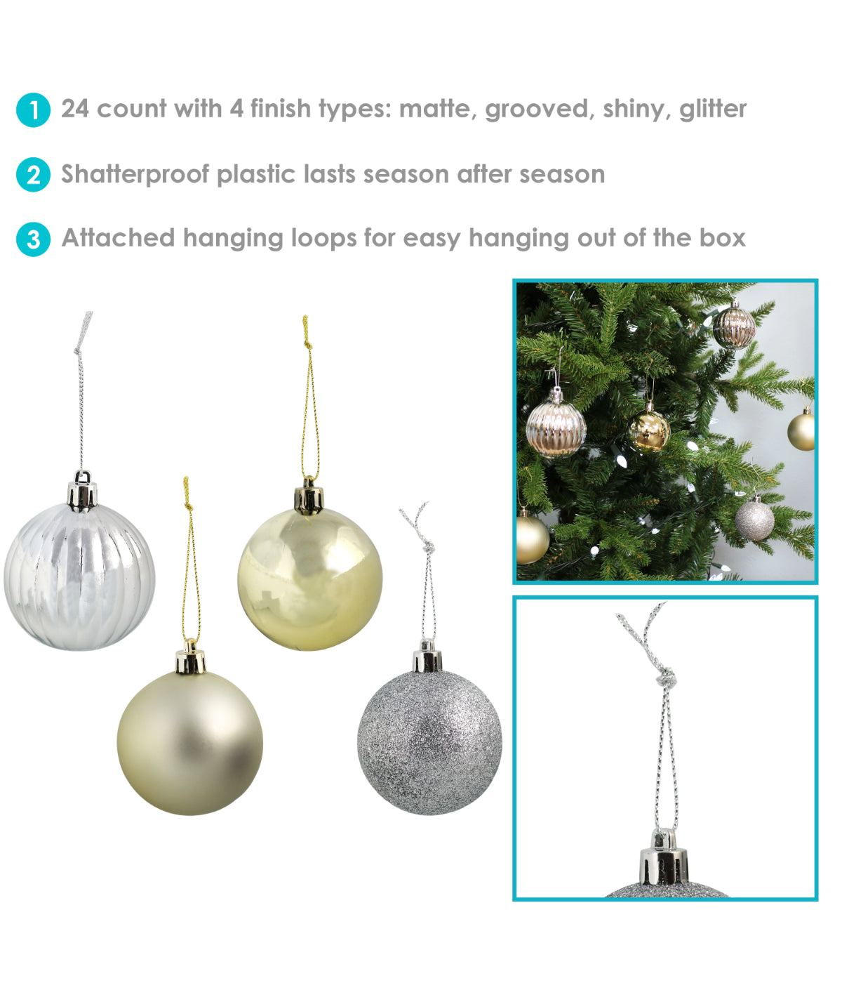  Sunnydaze Decor Merry Medley Ball Christmas Tree Shatterproof Ornaments with Hooks, 24 Piece Set - Gold & Silver - Bonton