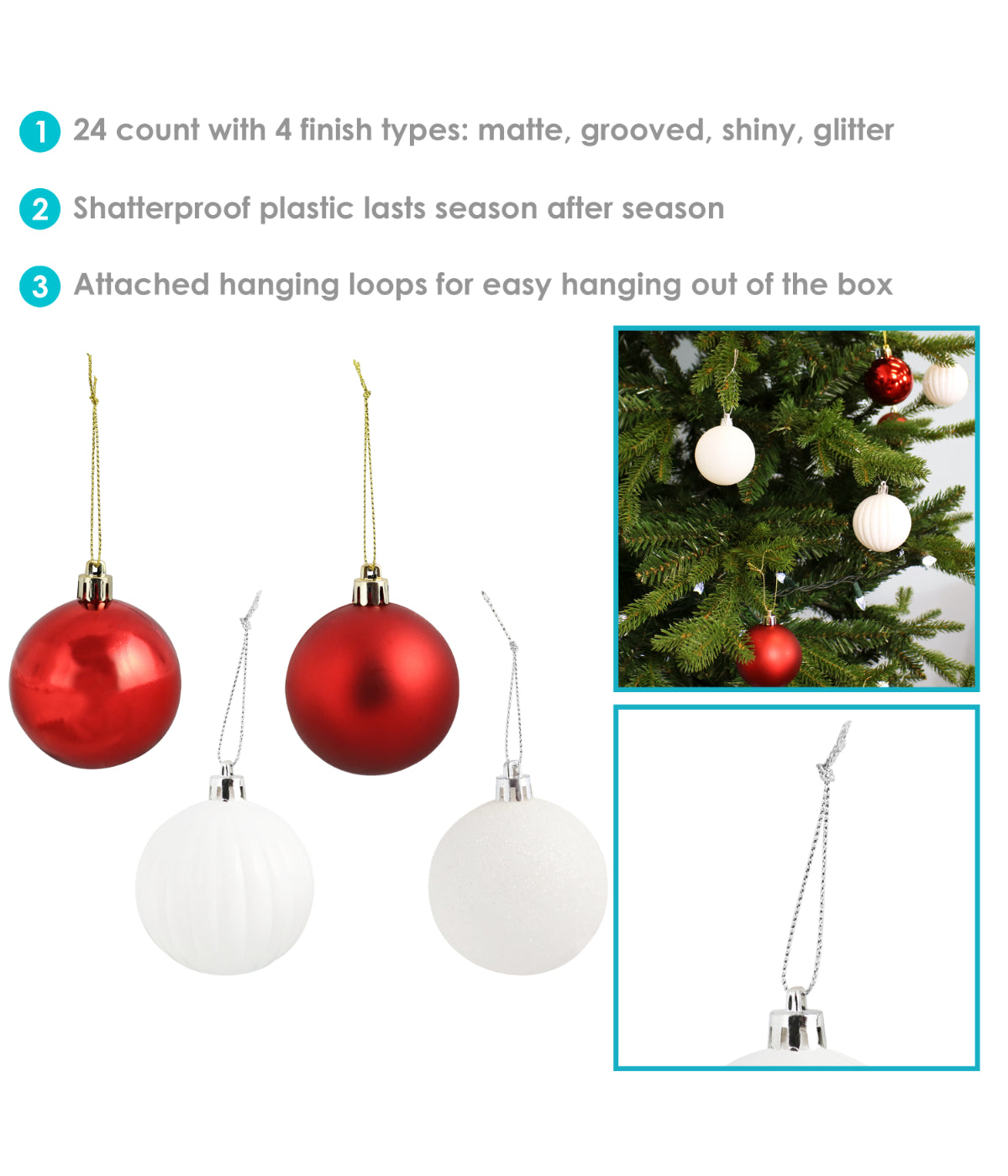  Sunnydaze Decor Merry Medley Ball Christmas Tree Shatterproof Ornaments with Hooks, 24 Piece Set - Red & White - Bonton