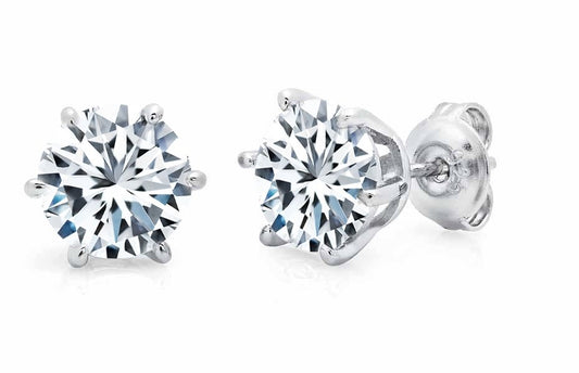 Solitaire Brilliant Stud Earrings - 6 Prong Finished in Pure Platinum