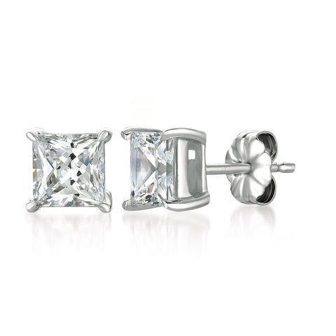 Solitaire Princess Stud Earrings Finished in Pure Platinum - 3.0 Cttw