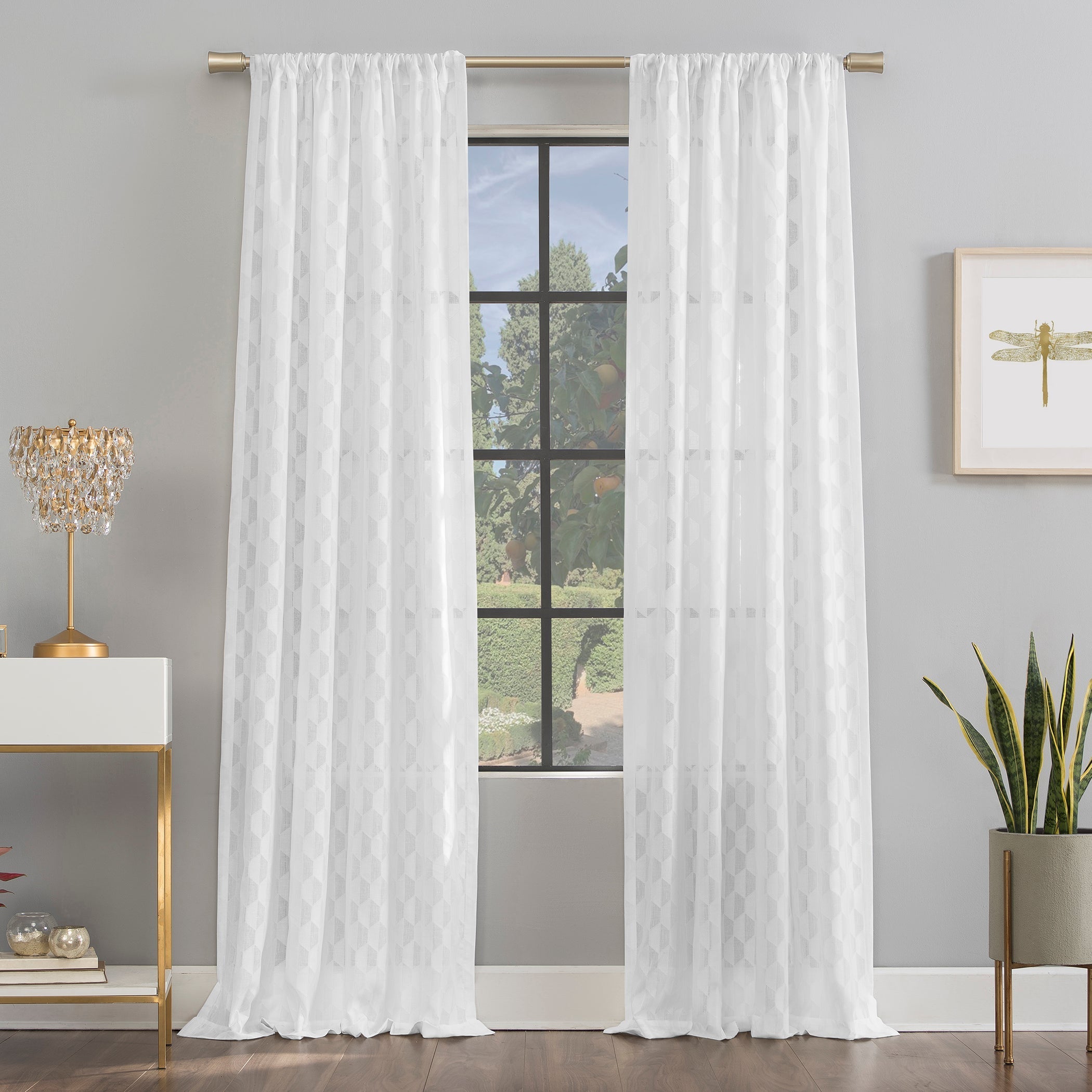  Verge Geometric Clipped Jacquard Semi-Sheer Rod Pocket Curtain Panel - White - Bonton