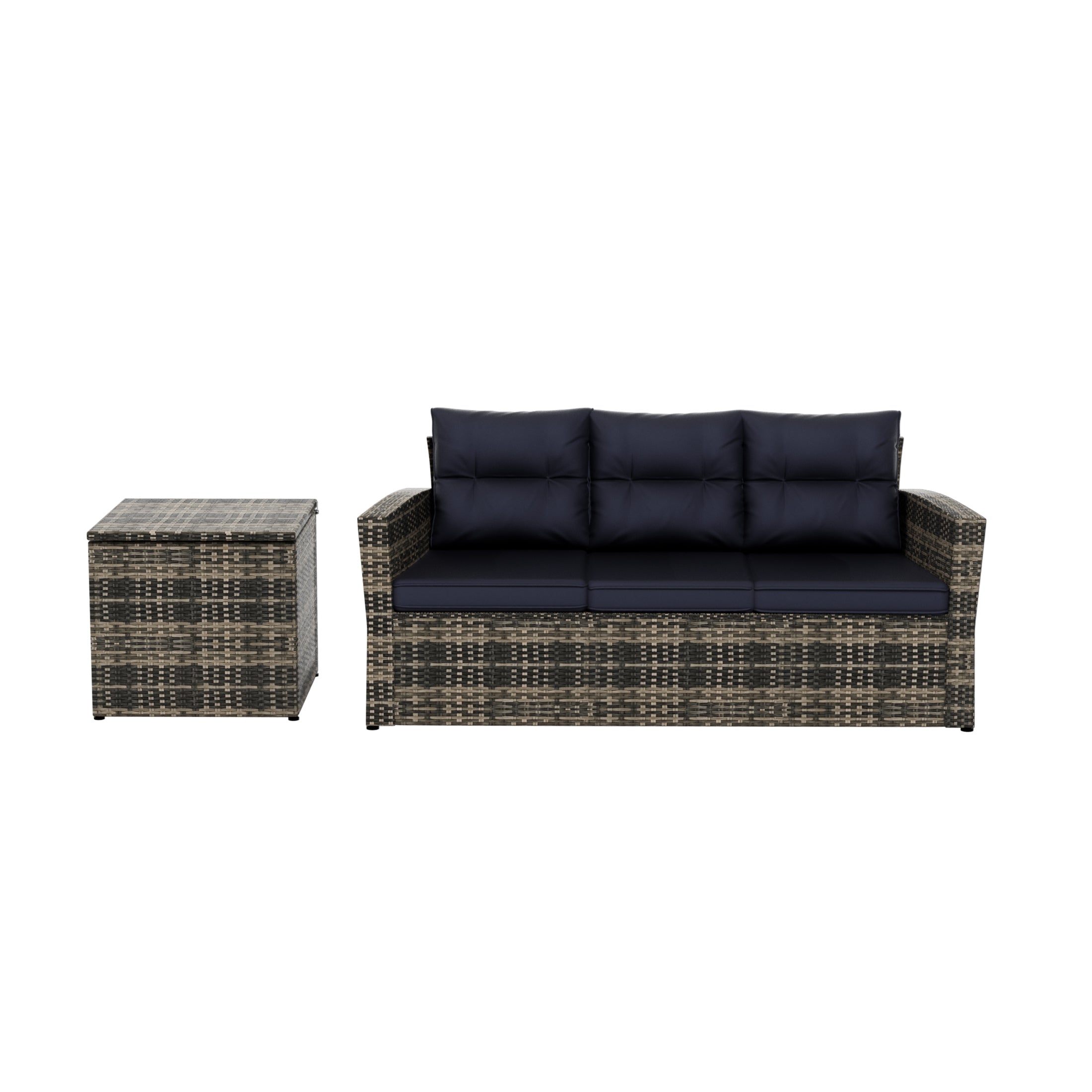  Westin Furniture Madore Sofa & Side Table Rattan Seating Group with Cushion - Brown/Navy Blue - Bonton