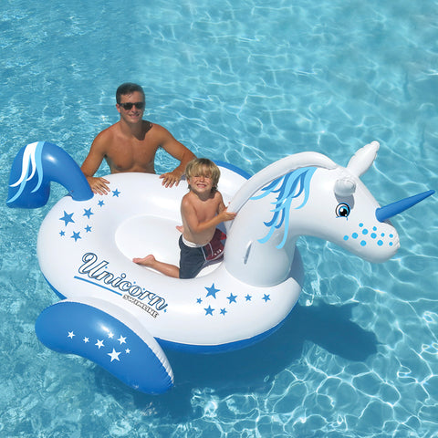 64" Inflatable Blue and White Giant Magical Unicorn Swimming Pool Ride-on Lounge