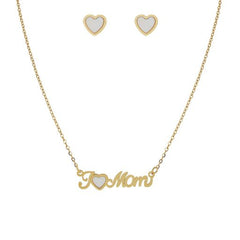 I Love MOM Necklace and Heart Shaped Stud Earrings Set