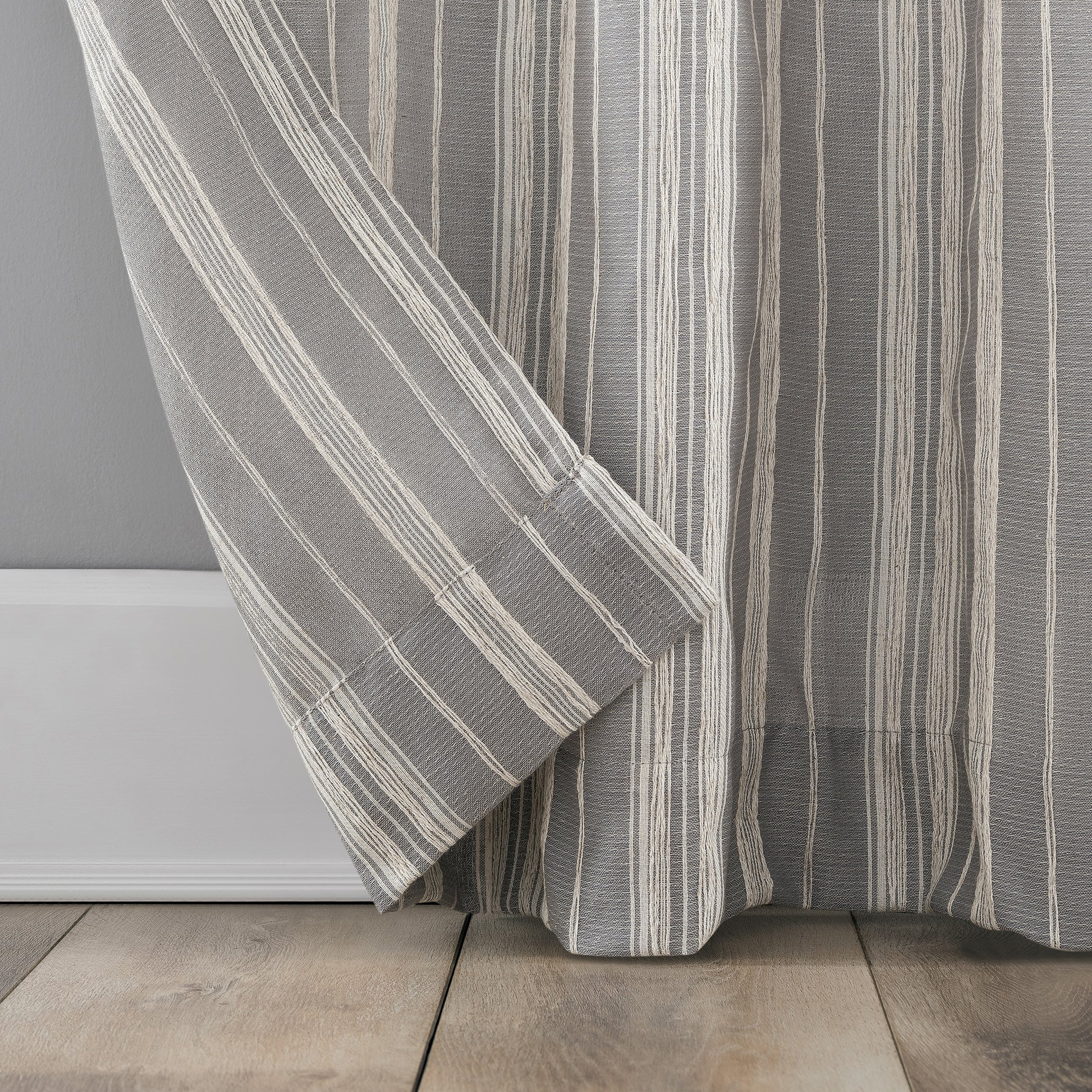  Embroidered Stripe Linen Blend Curtain - Gray - Bonton