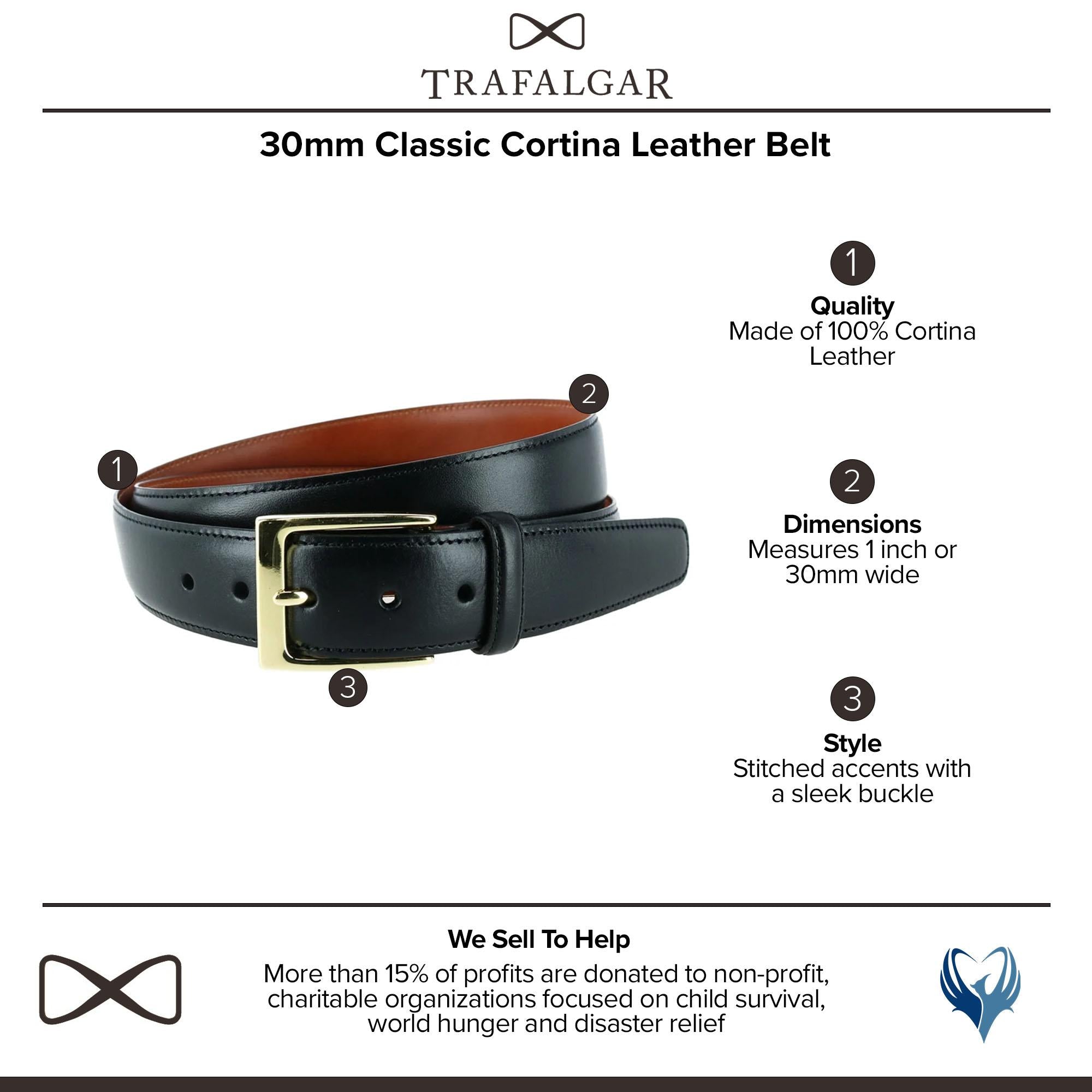  Trafalgar Classic 30mm Cortina Leather Belt - Black with Silver Buckle - Bonton