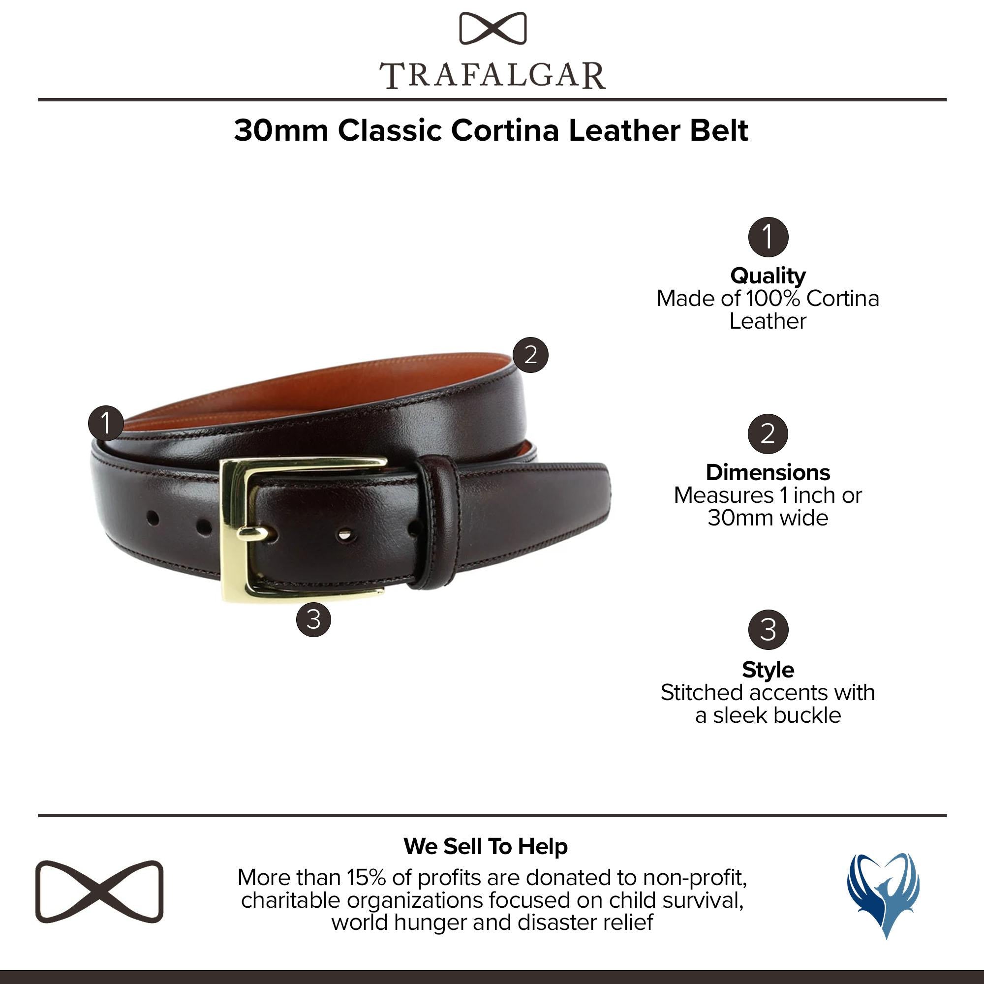  Trafalgar Classic 30mm Cortina Leather Belt - Black with Silver Buckle - Bonton