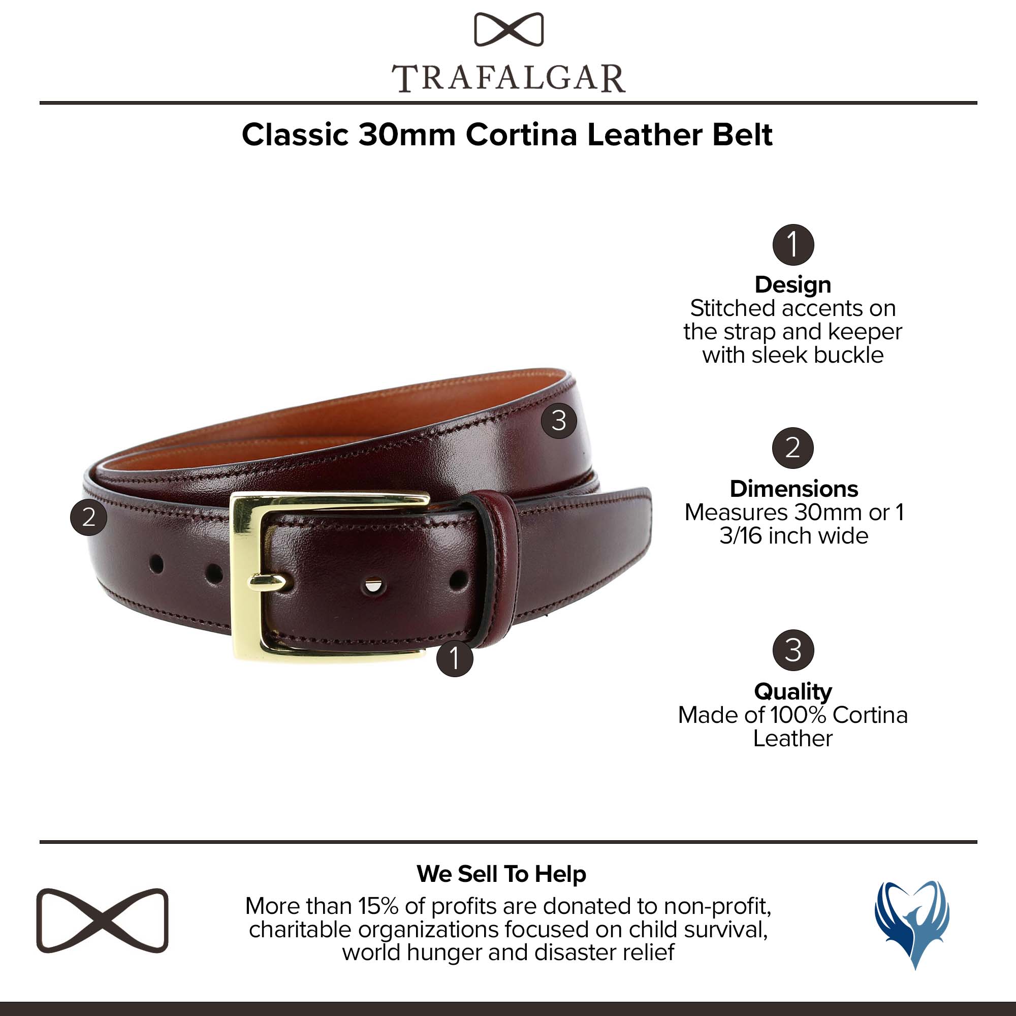  Trafalgar Classic 30mm Cortina Leather Belt - Black with Silver Buckle - Bonton