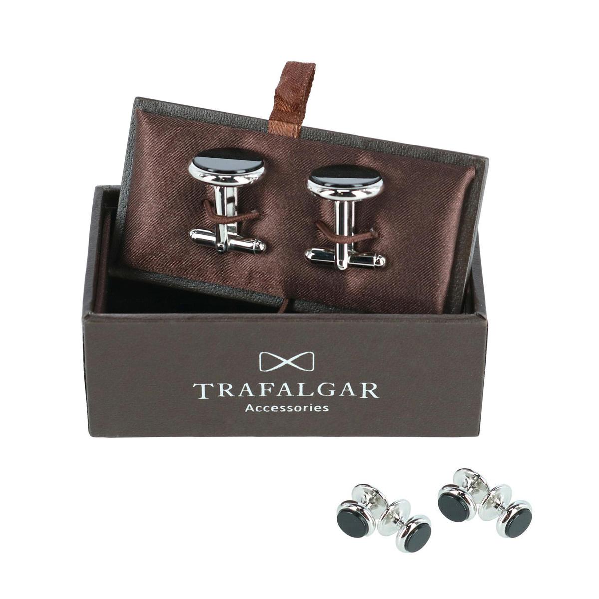  Trafalgar Sutton Genuine Onyx Formal Set (2 Cuffs & 4 Studs) - Rhodium and Genuine Onyx - Bonton