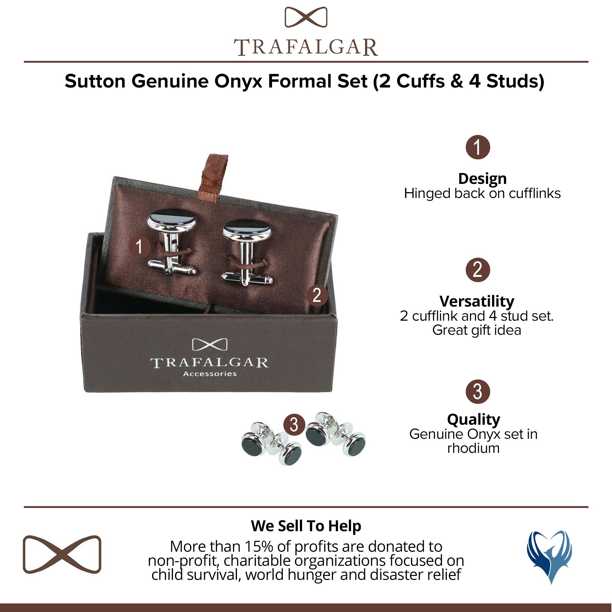  Trafalgar Sutton Genuine Onyx Formal Set (2 Cuffs & 4 Studs) - Rhodium and Genuine Onyx - Bonton