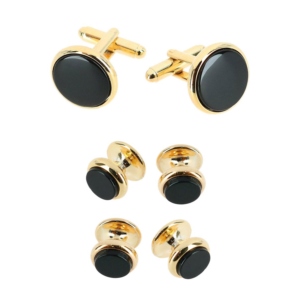  Trafalgar Sutton Genuine Onyx Formal Set (2 Cuffs & 4 Studs) - Rhodium and Genuine Onyx - Bonton