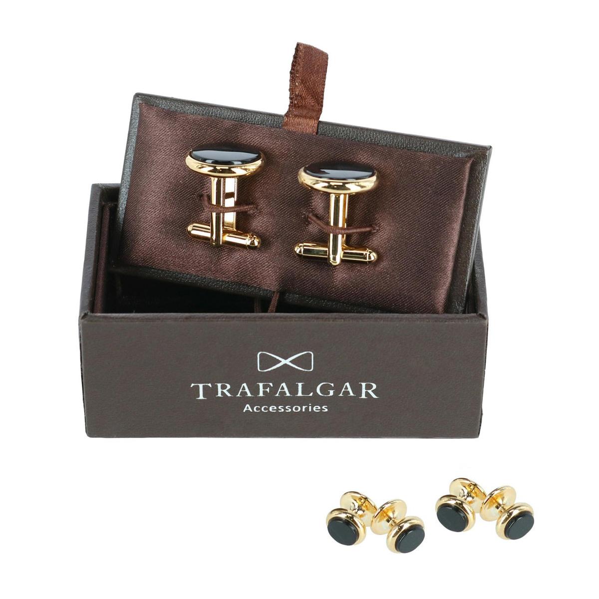  Trafalgar Sutton Genuine Onyx Formal Set (2 Cuffs & 4 Studs) - Rhodium and Genuine Onyx - Bonton