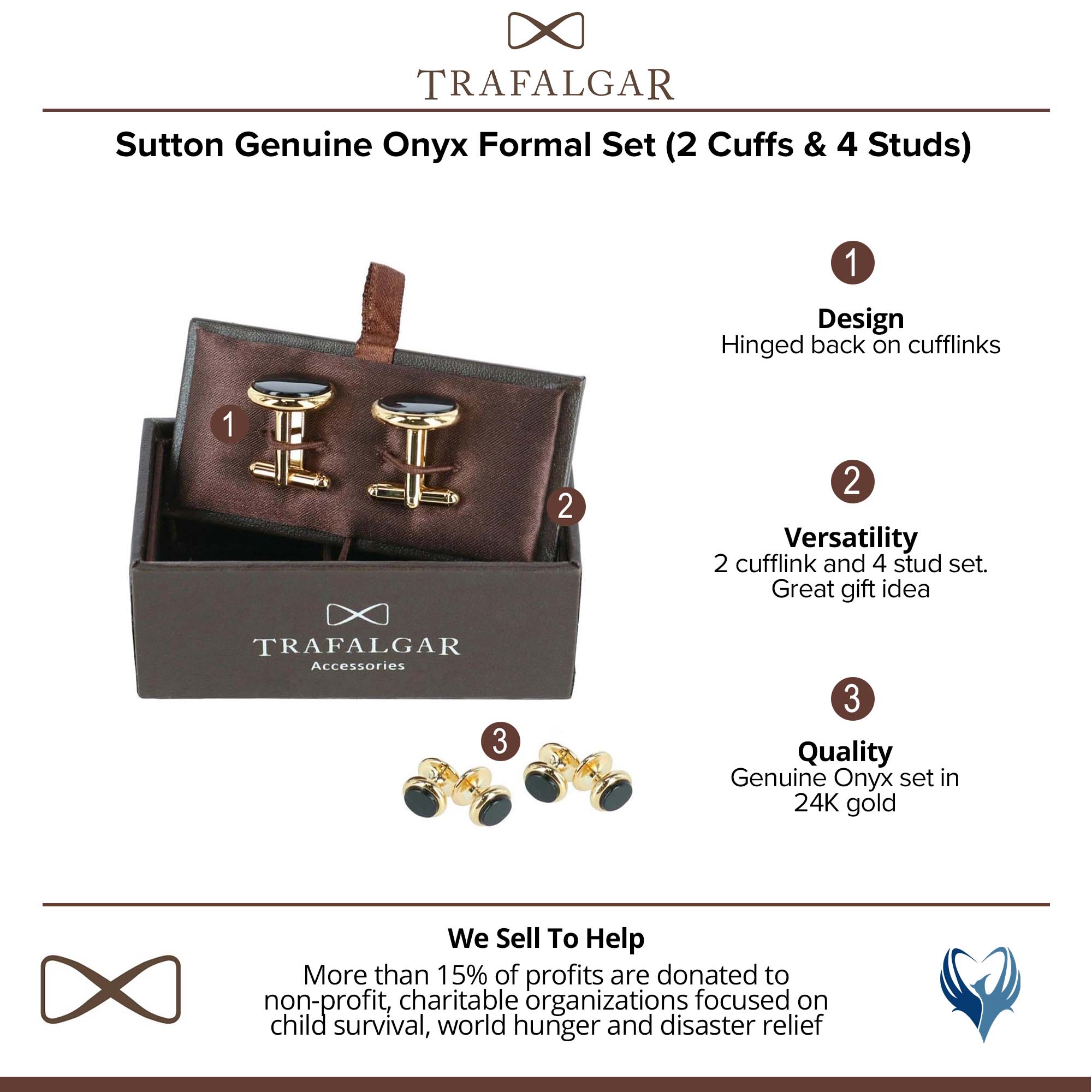  Trafalgar Sutton Genuine Onyx Formal Set (2 Cuffs & 4 Studs) - Rhodium and Genuine Onyx - Bonton