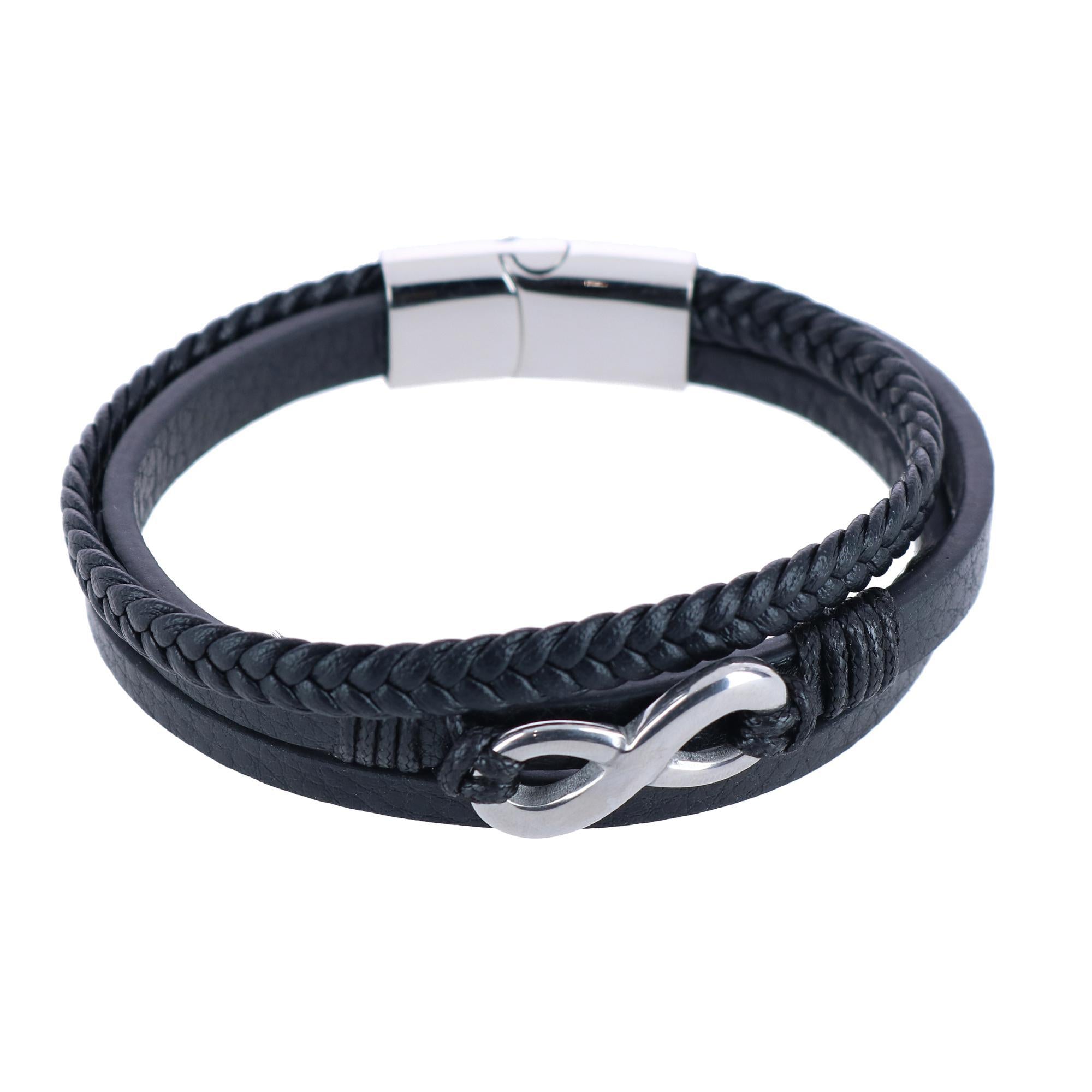  Trafalgar Infinity Triple Band Secure Clasp Leather Bracelet - Black and Silver - Bonton