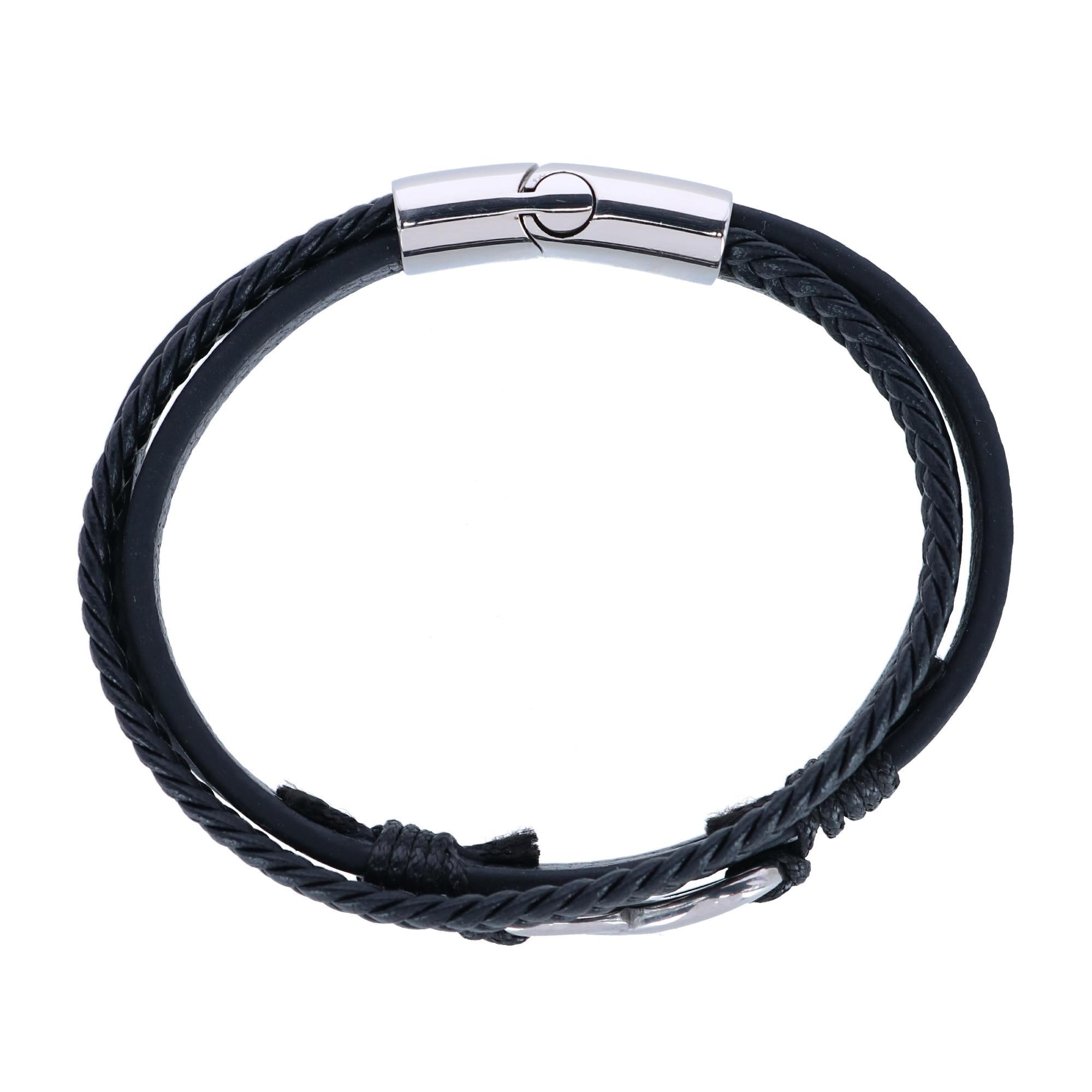  Trafalgar Infinity Triple Band Secure Clasp Leather Bracelet - Black and Silver - Bonton