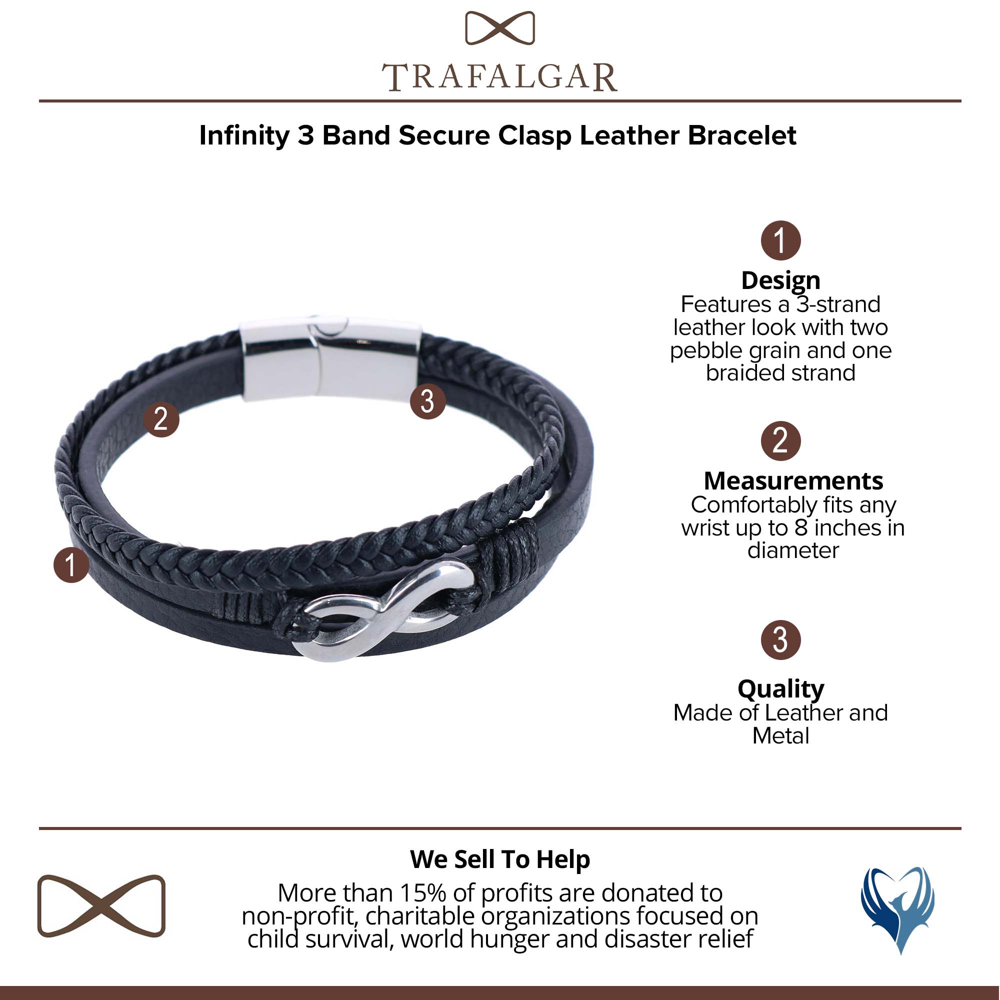  Trafalgar Infinity Triple Band Secure Clasp Leather Bracelet - Black and Silver - Bonton