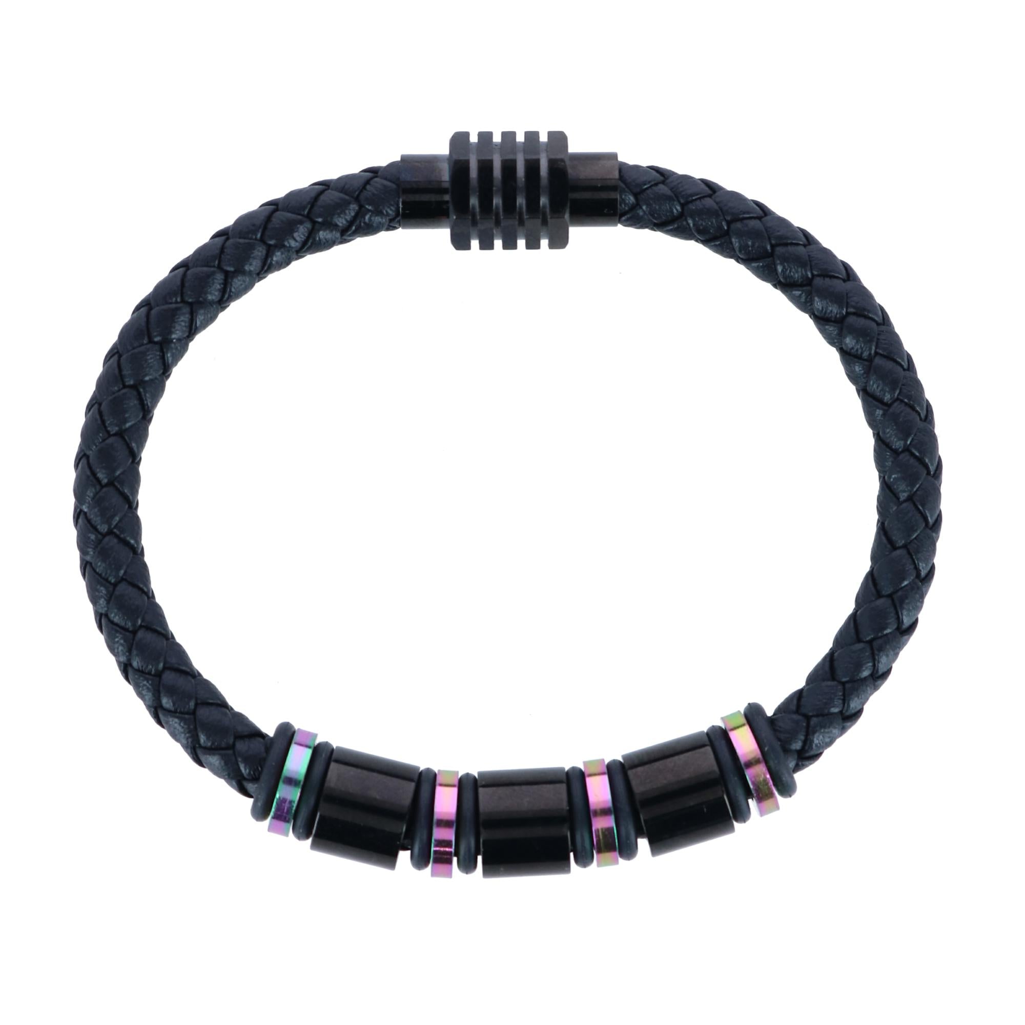  Trafalgar Subtle Color Magnetic Secure Clasp Leather Bracelet - Subtle Color with Black Leather - Bonton