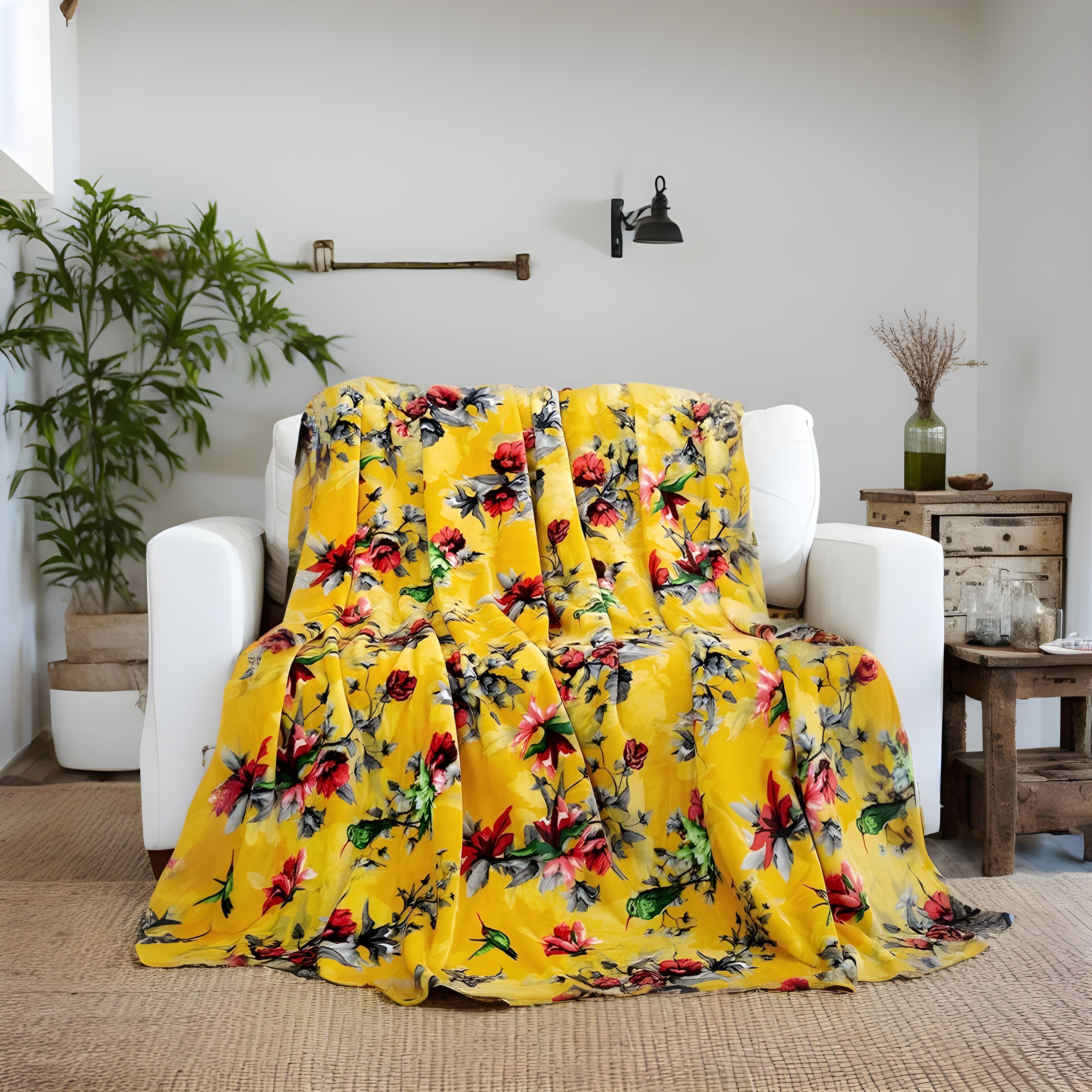  DaDa Bedding Collection DaDa Bedding Yellow Farmhouse Rustic Spring Floral Hummingbirds Soft Fleece Throw Blanket (925) by DaDa Bedding Collection - 50
