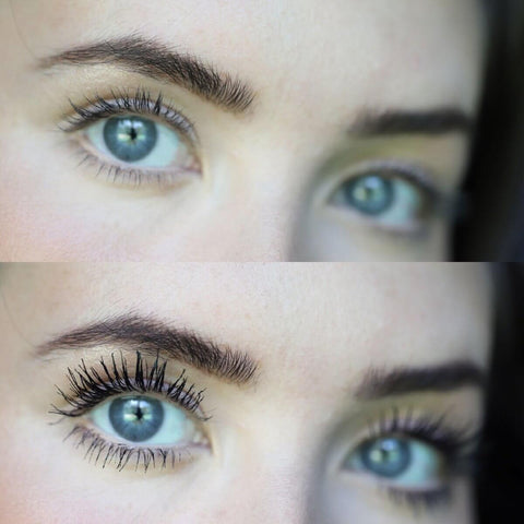 Close-up comparison of eyelashes before and after using Totally Tubular Tubing Mascara, showing enhanced lash length and volume.