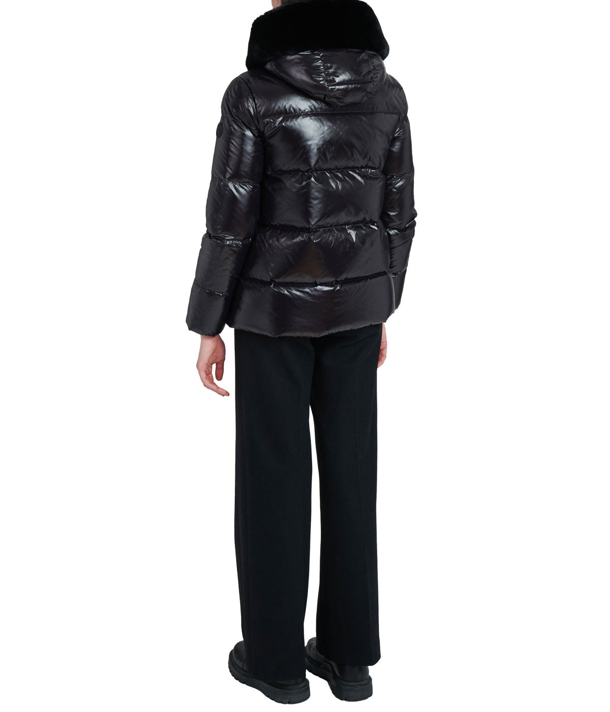 Lexi 44.5" Recycled Shiny Nylon Zip Front Maxi Coat With Recycled Faux Fur Trim Hood Black