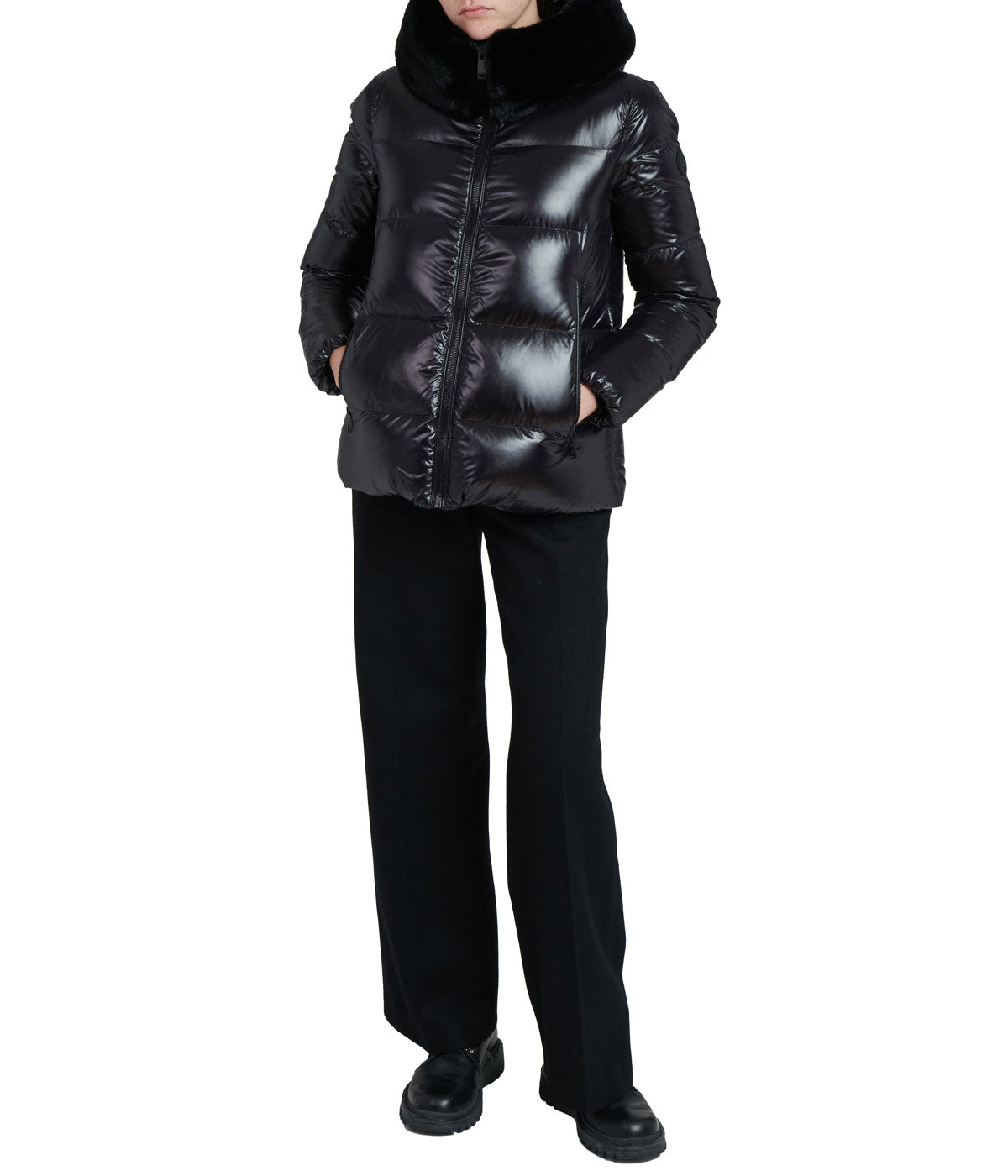 Lexi 44.5" Recycled Shiny Nylon Zip Front Maxi Coat With Recycled Faux Fur Trim Hood Black