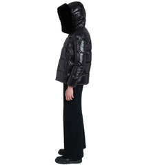 Lexi 44.5" Recycled Shiny Nylon Zip Front Maxi Coat With Recycled Faux Fur Trim Hood Black