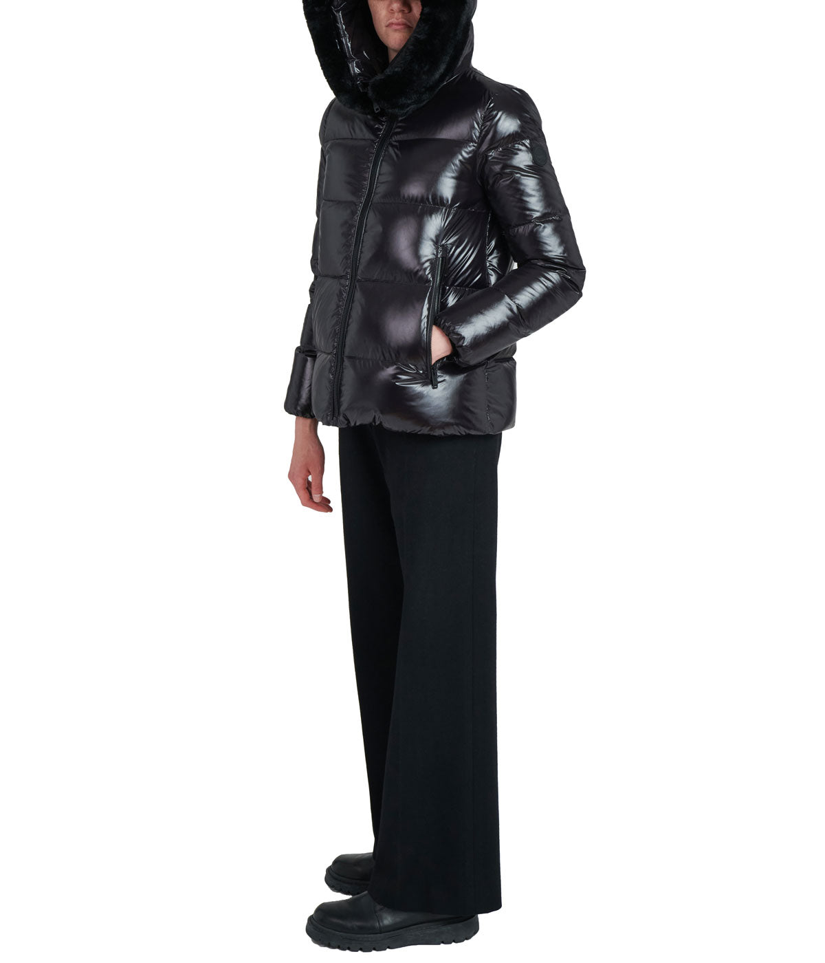 Lexi 44.5" Recycled Shiny Nylon Zip Front Maxi Coat With Recycled Faux Fur Trim Hood Black