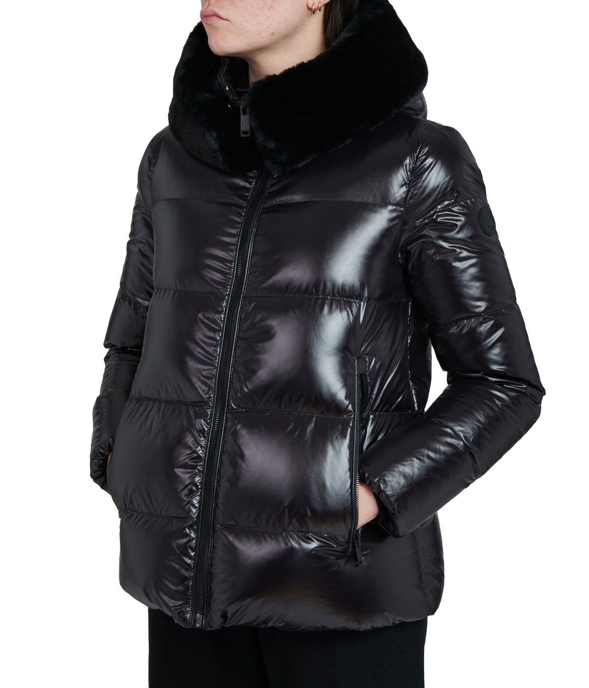 Lexi 44.5" Recycled Shiny Nylon Zip Front Maxi Coat With Recycled Faux Fur Trim Hood Black